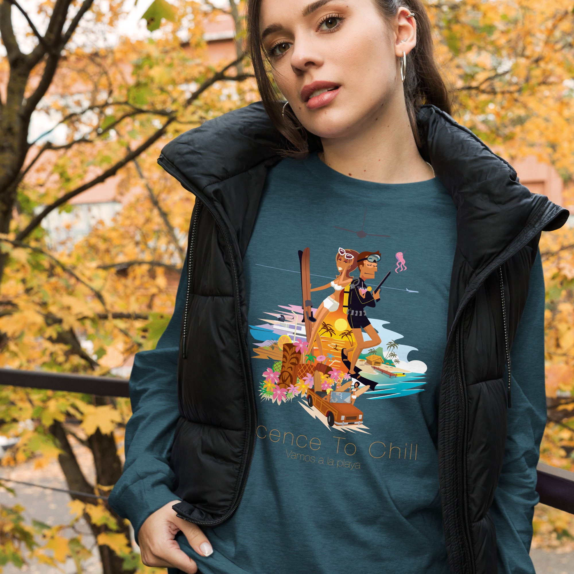 Unisex Long Sleeve Tee License to Chill Vamos a la Playa on heather colors