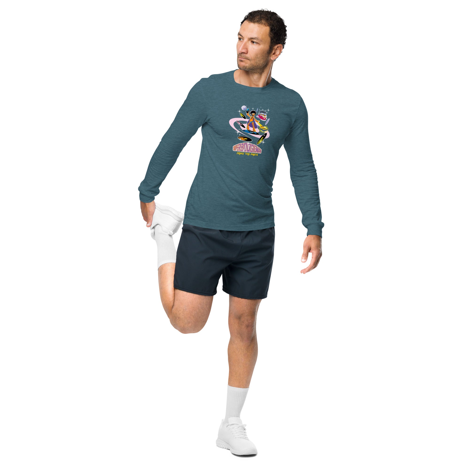 Unisex Long Sleeve Tee Superboogieman Saves the Party (front & back) on heather colors