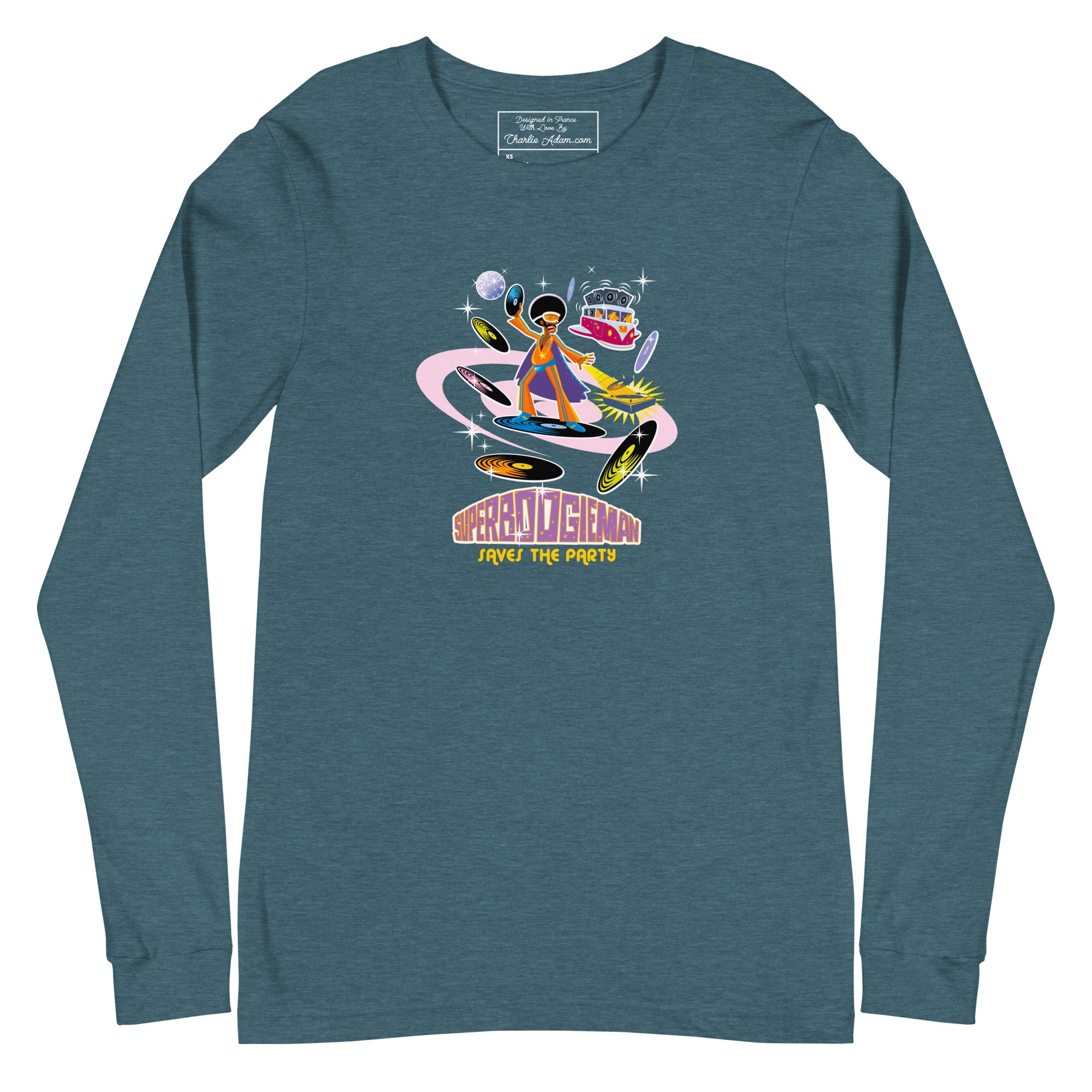 Unisex Long Sleeve Tee Superboogieman Saves the Party (front & back) on heather colors