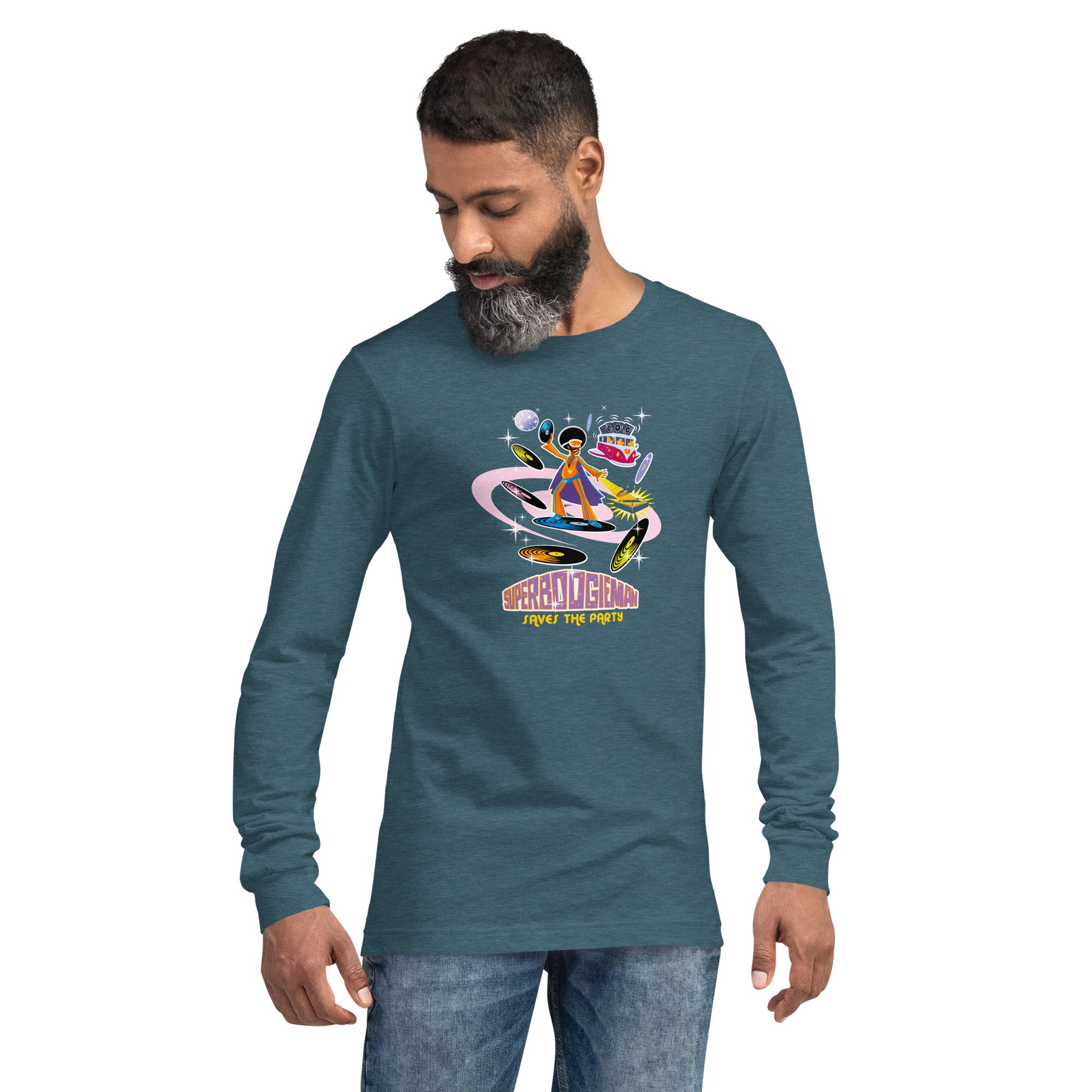 Unisex Long Sleeve Tee Superboogieman Saves the Party (front & back) on heather colors
