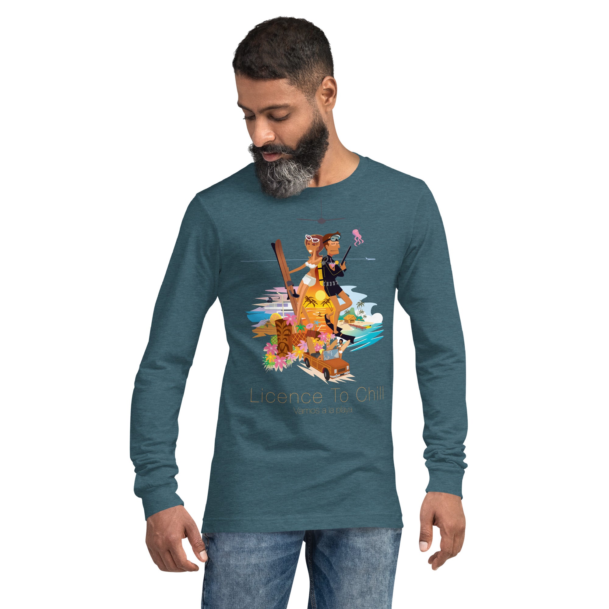 Unisex Long Sleeve Tee License to Chill Vamos a la Playa on heather colors