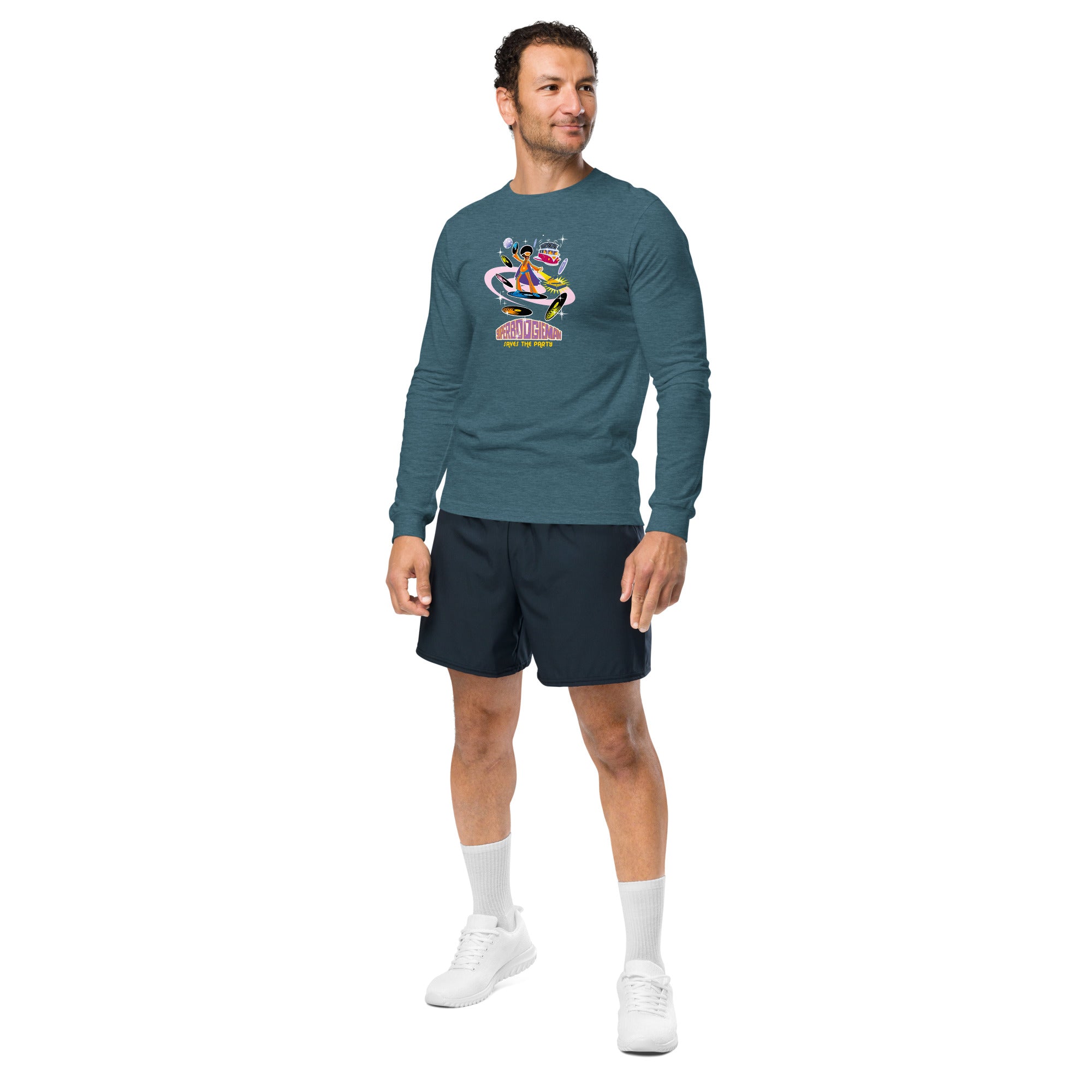 Unisex Long Sleeve Tee Superboogieman Saves the Party (front & back) on heather colors