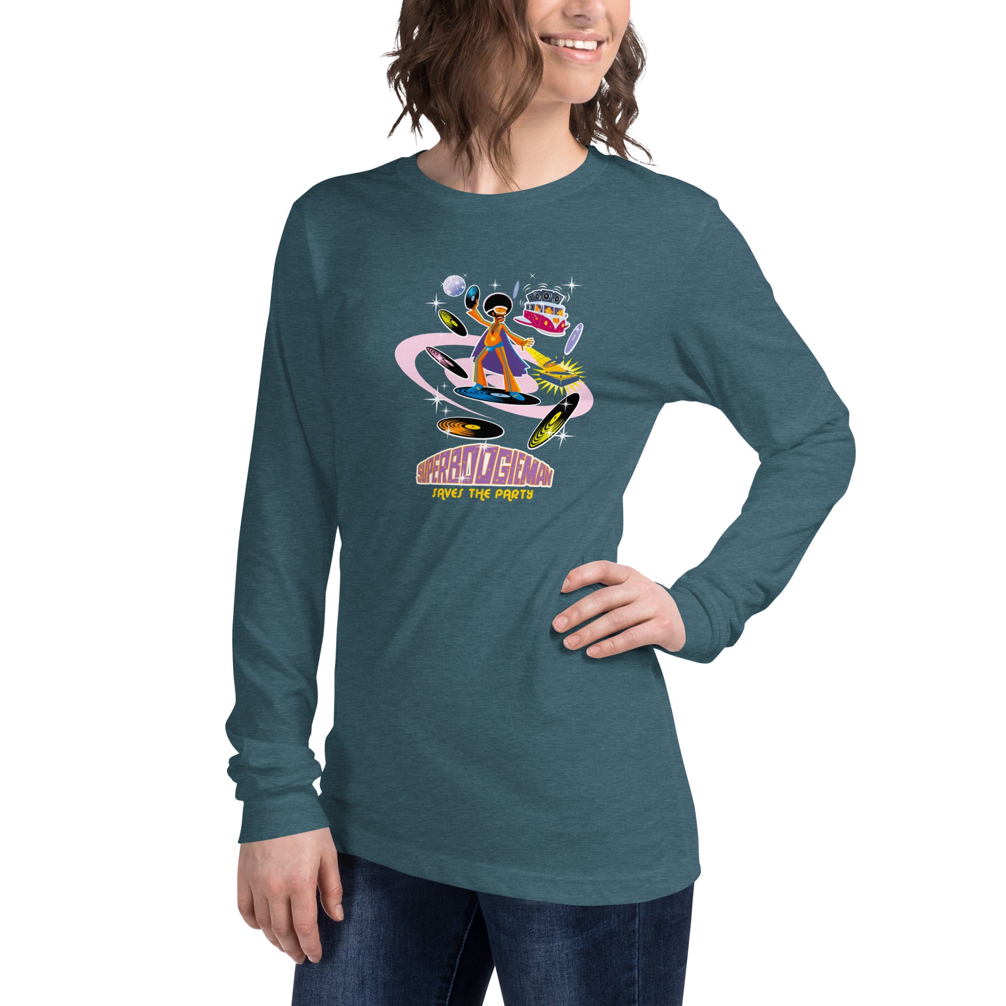 Unisex Long Sleeve Tee Superboogieman Saves the Party (front & back) on heather colors