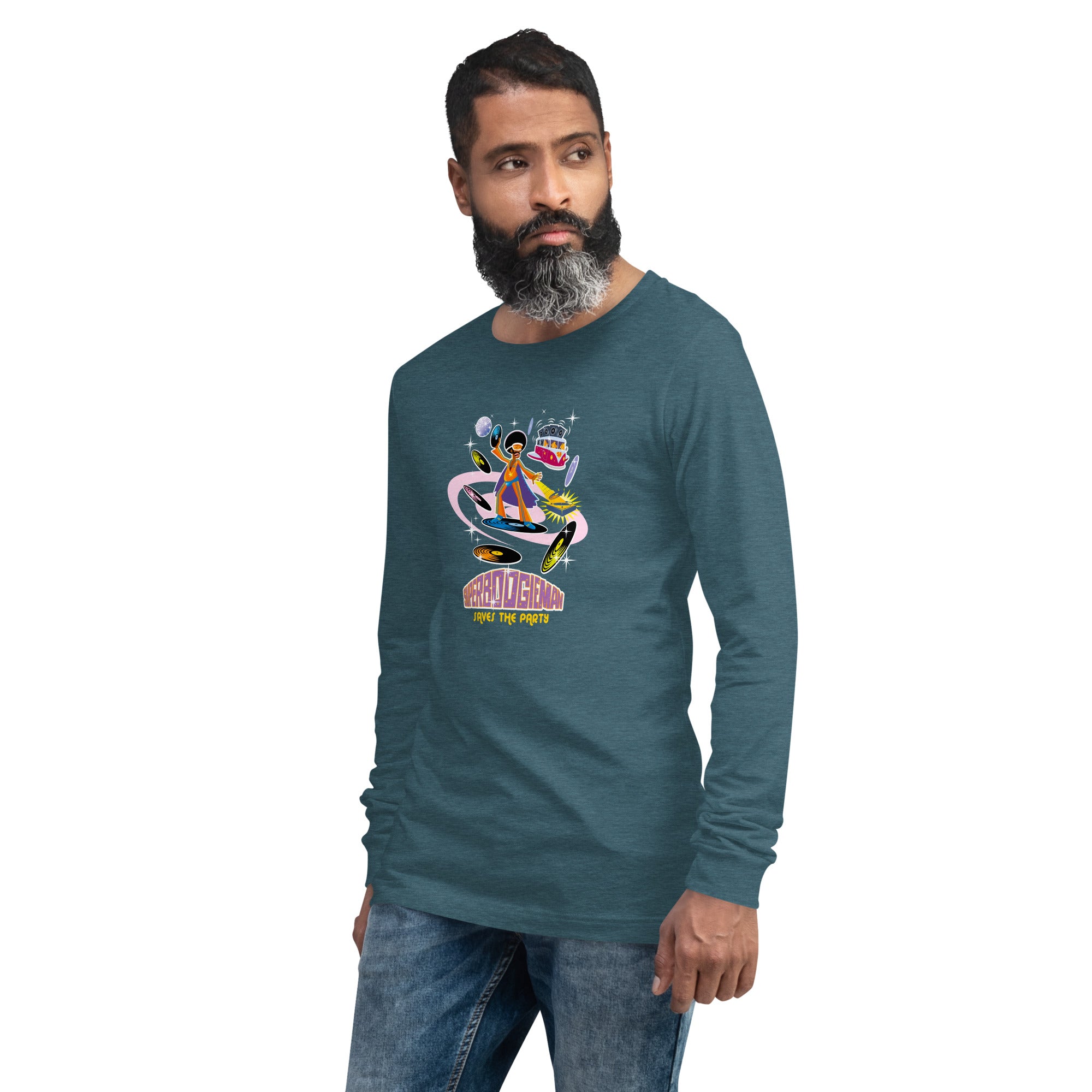 Unisex Long Sleeve Tee Superboogieman Saves the Party (front & back) on heather colors