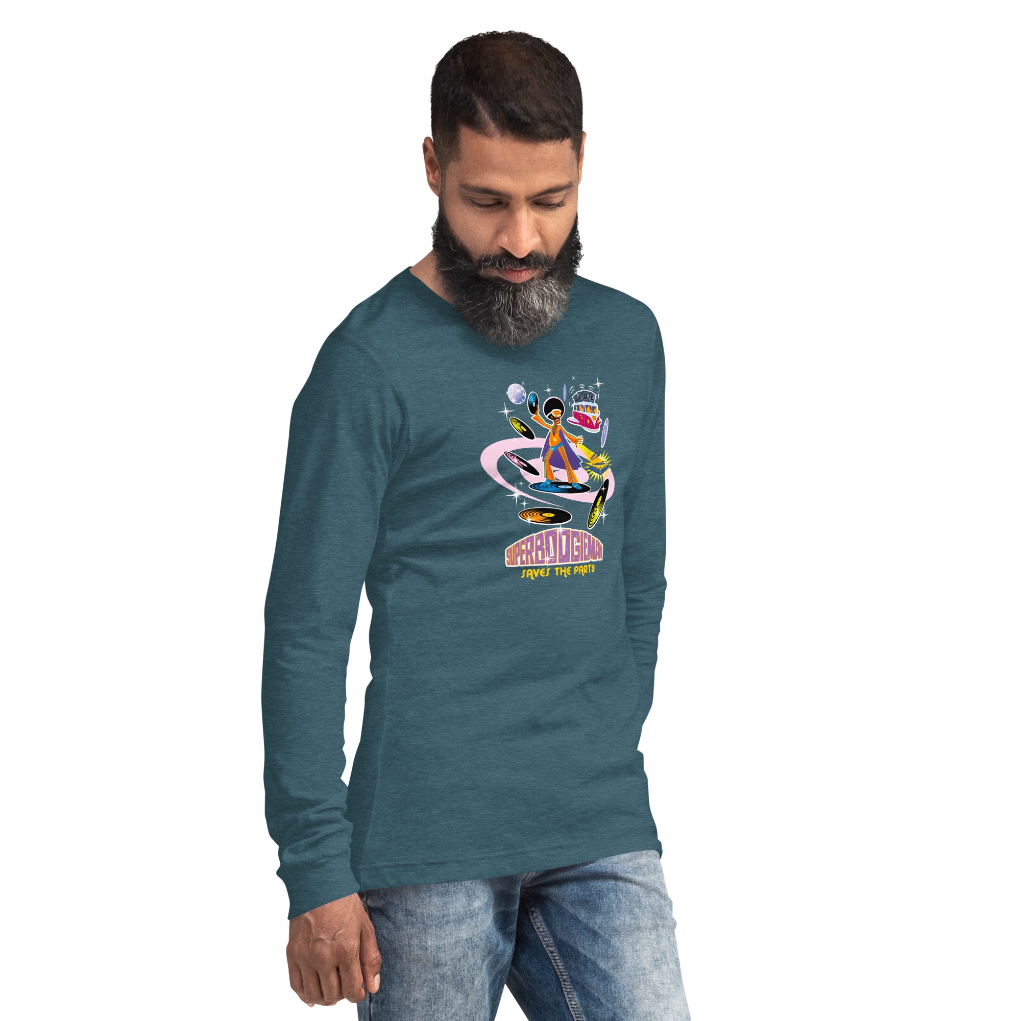 Unisex Long Sleeve Tee Superboogieman Saves the Party (front & back) on heather colors