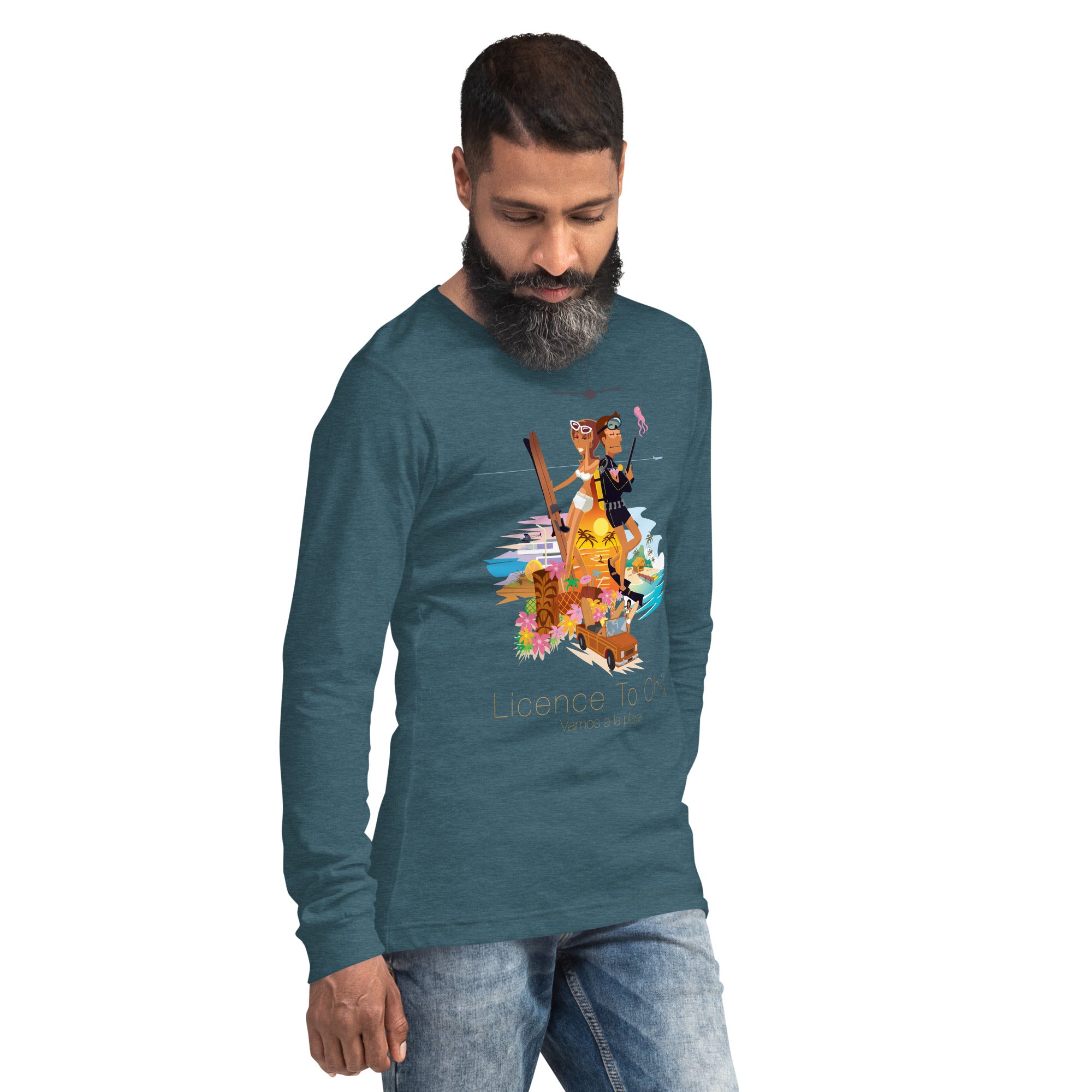 Unisex Long Sleeve Tee License to Chill Vamos a la Playa on heather colors