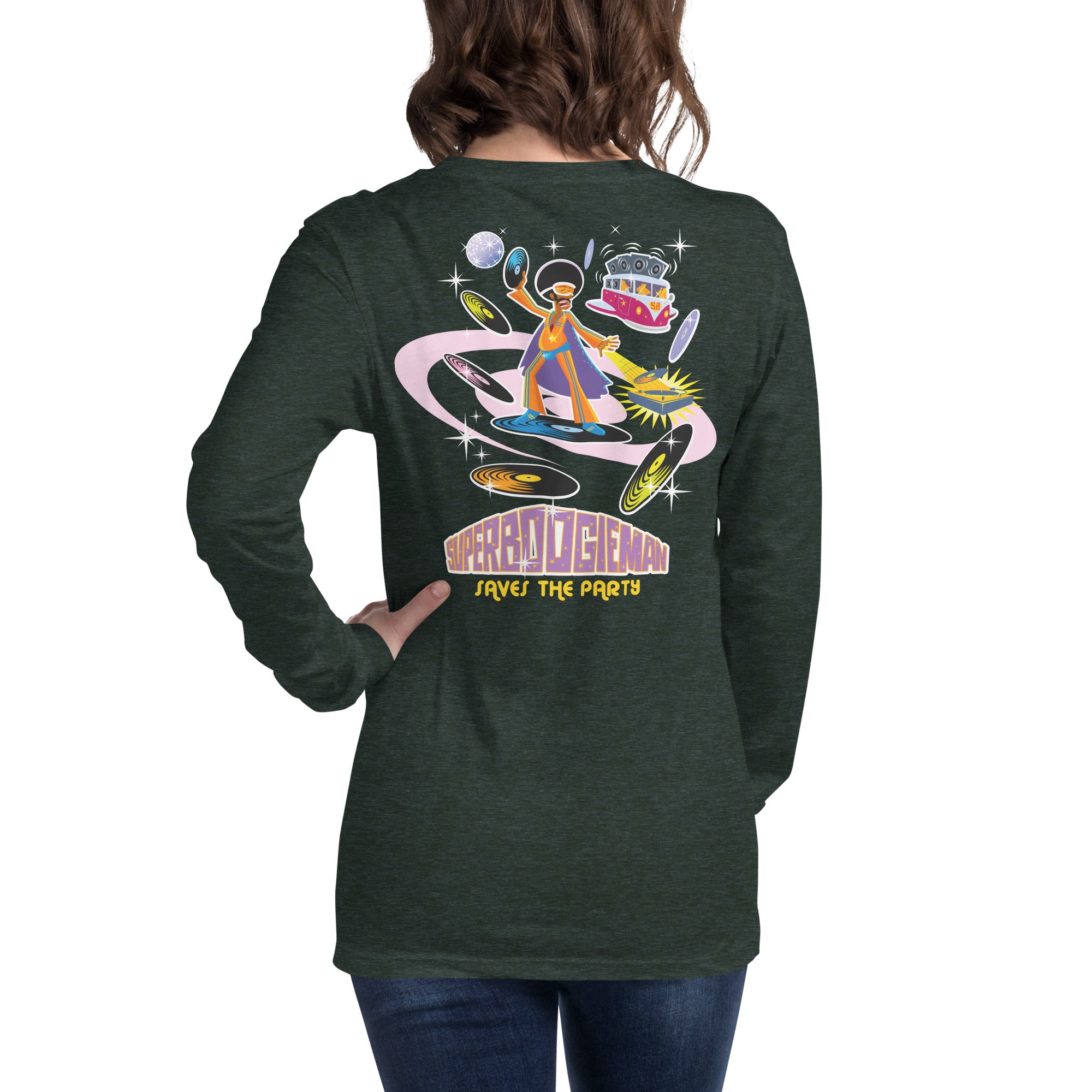 Unisex Long Sleeve Tee Superboogieman Saves the Party (front & back) on heather colors