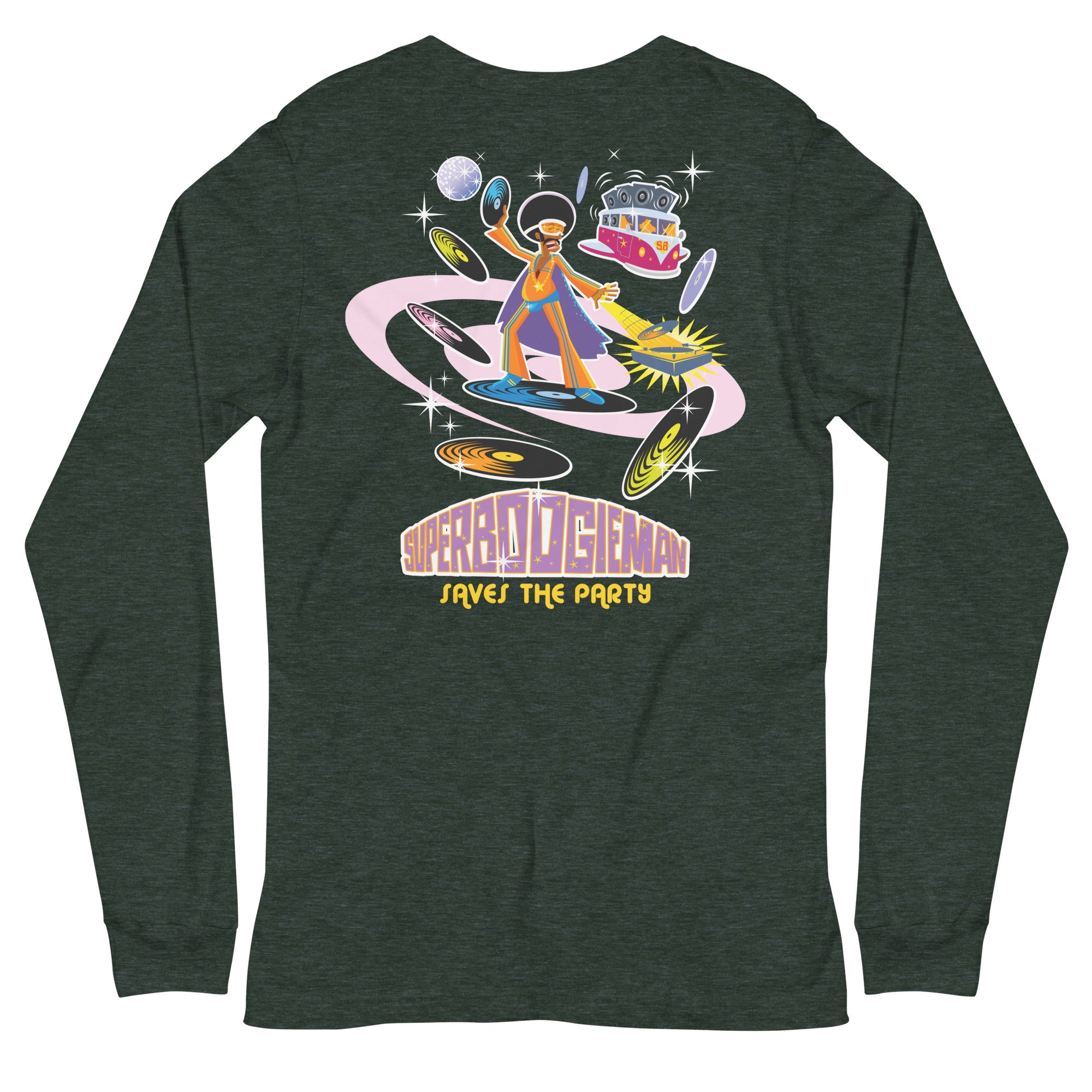 Unisex Long Sleeve Tee Superboogieman Saves the Party (front & back) on heather colors