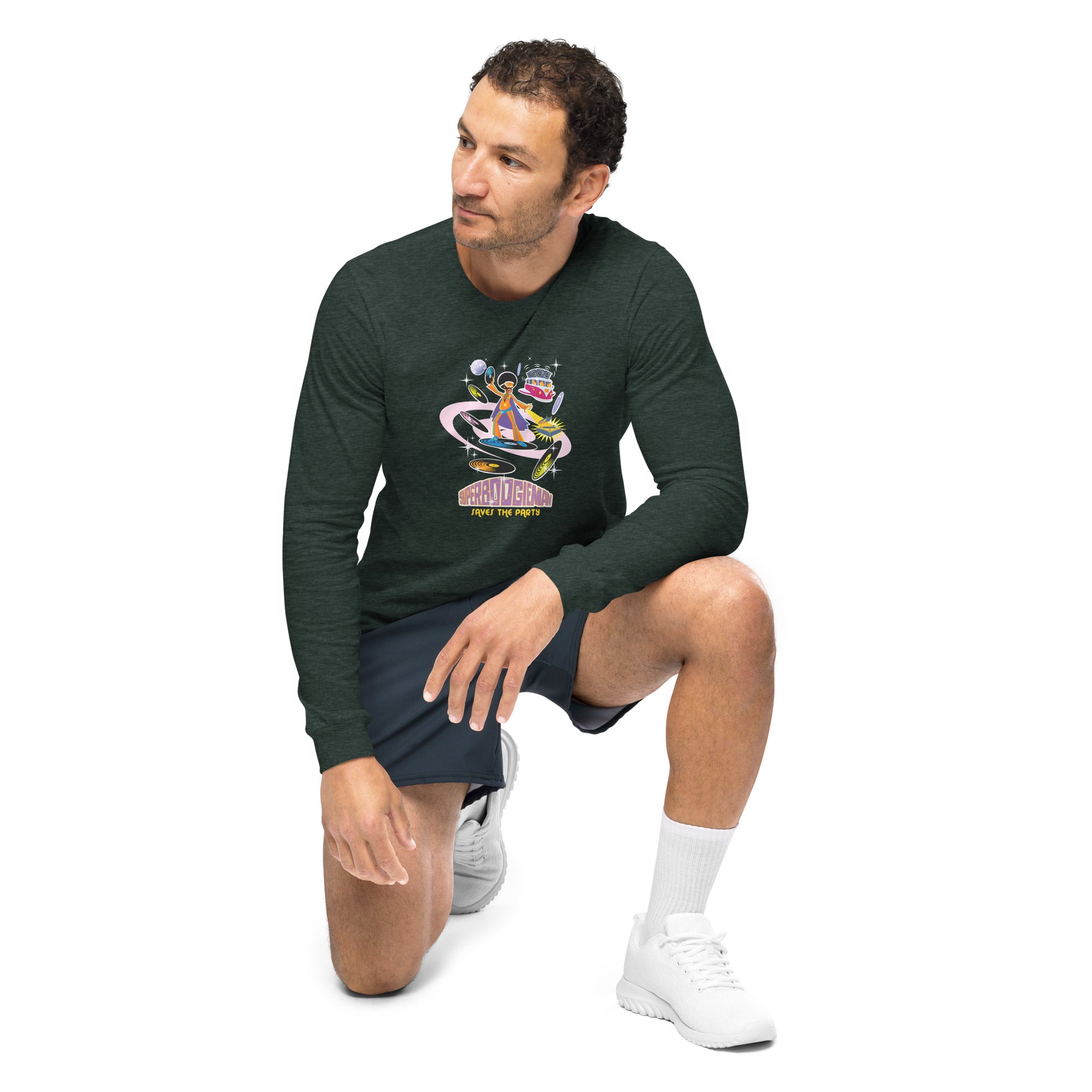 Unisex Long Sleeve Tee Superboogieman Saves the Party (front & back) on heather colors