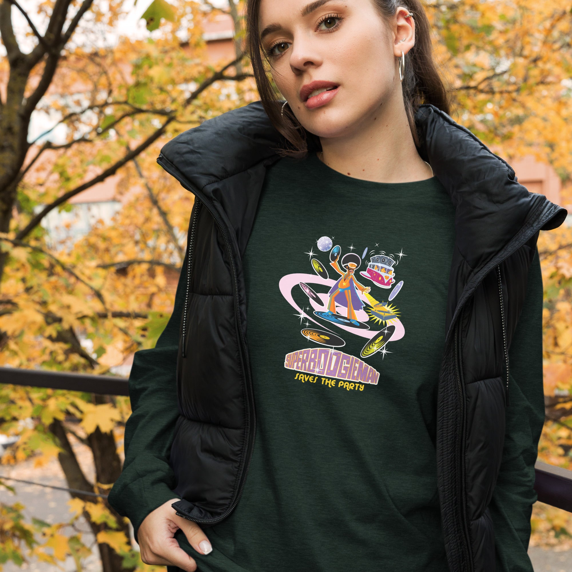 Unisex Long Sleeve Tee Superboogieman Saves the Party (front & back) on heather colors