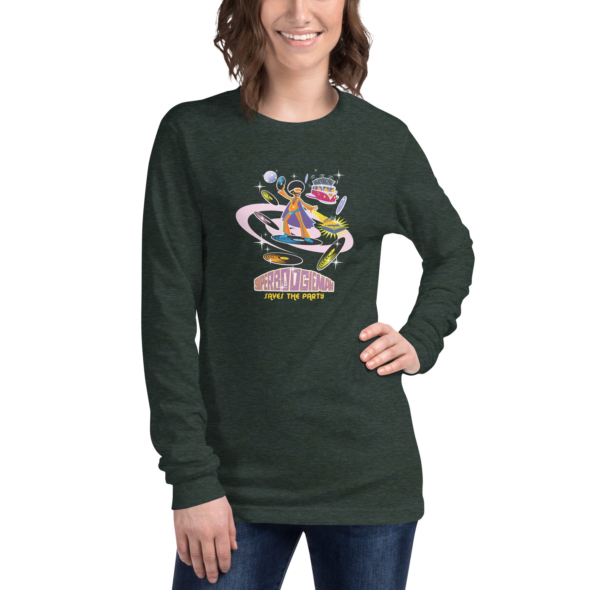 Unisex Long Sleeve Tee Superboogieman Saves the Party (front & back) on heather colors