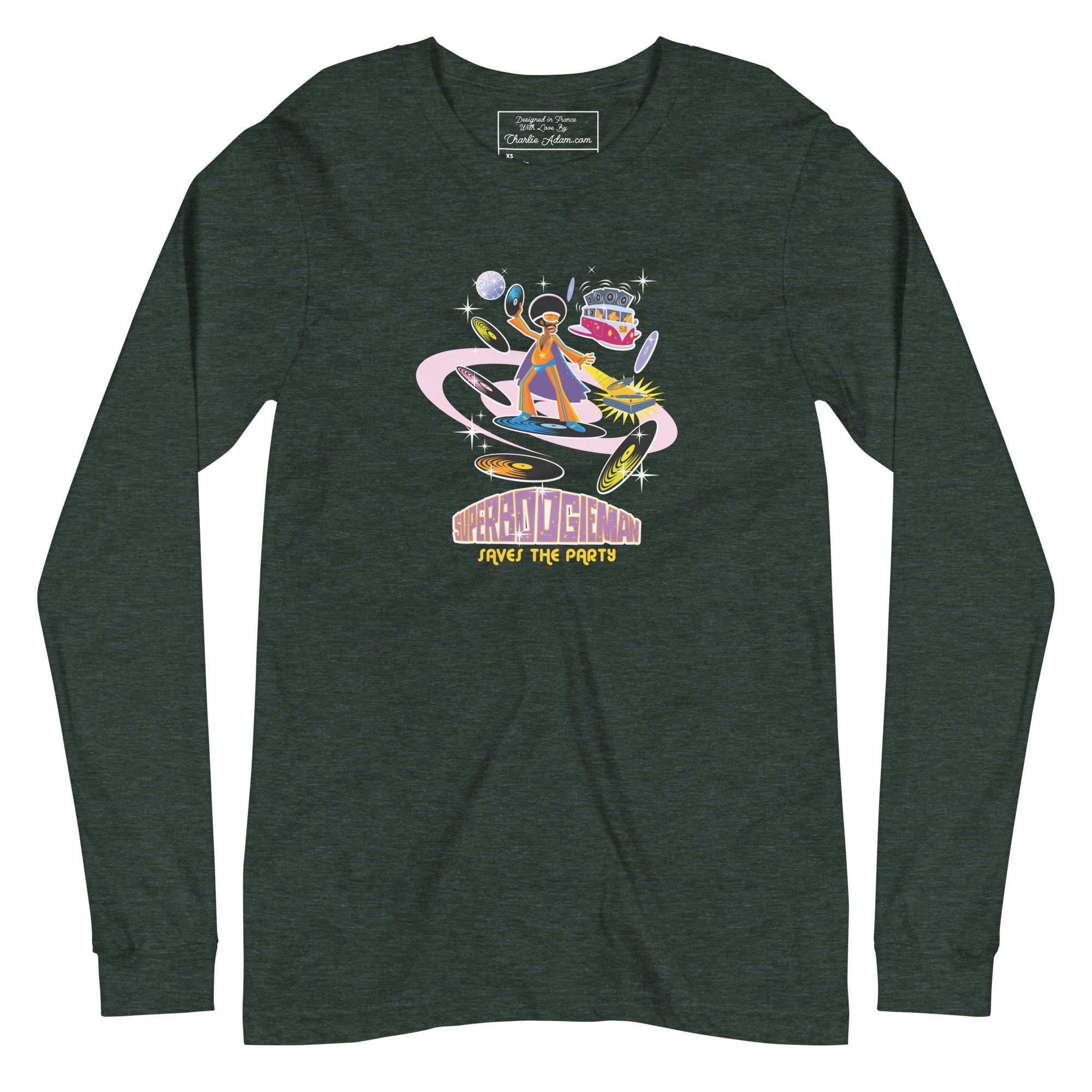 Unisex Long Sleeve Tee Superboogieman Saves the Party (front & back) on heather colors