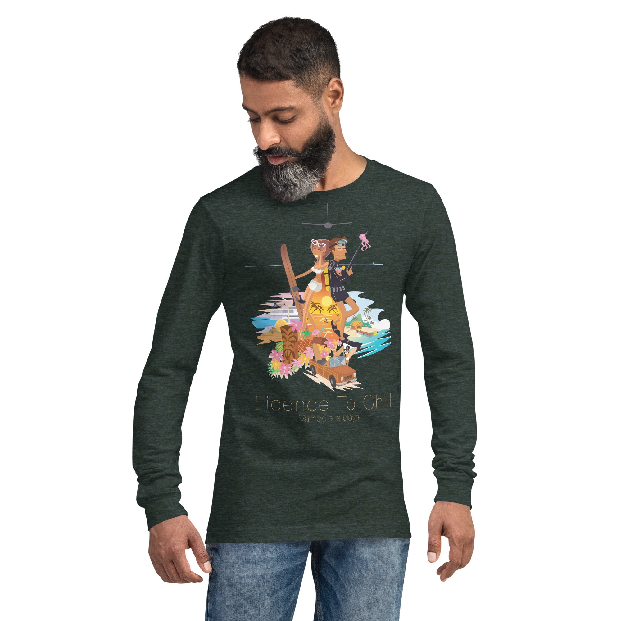 Unisex Long Sleeve Tee License to Chill Vamos a la Playa on heather colors
