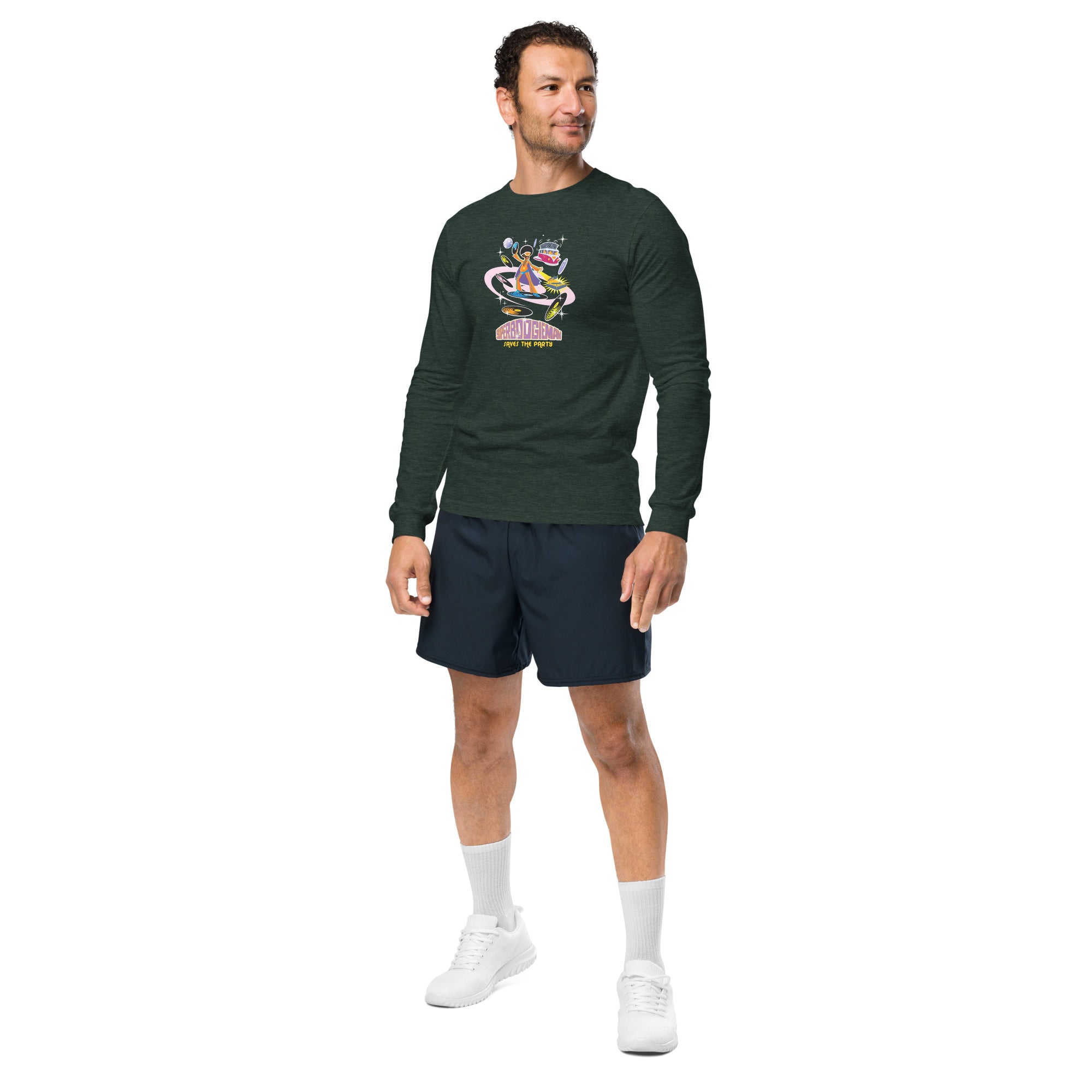 Unisex Long Sleeve Tee Superboogieman Saves the Party (front & back) on heather colors