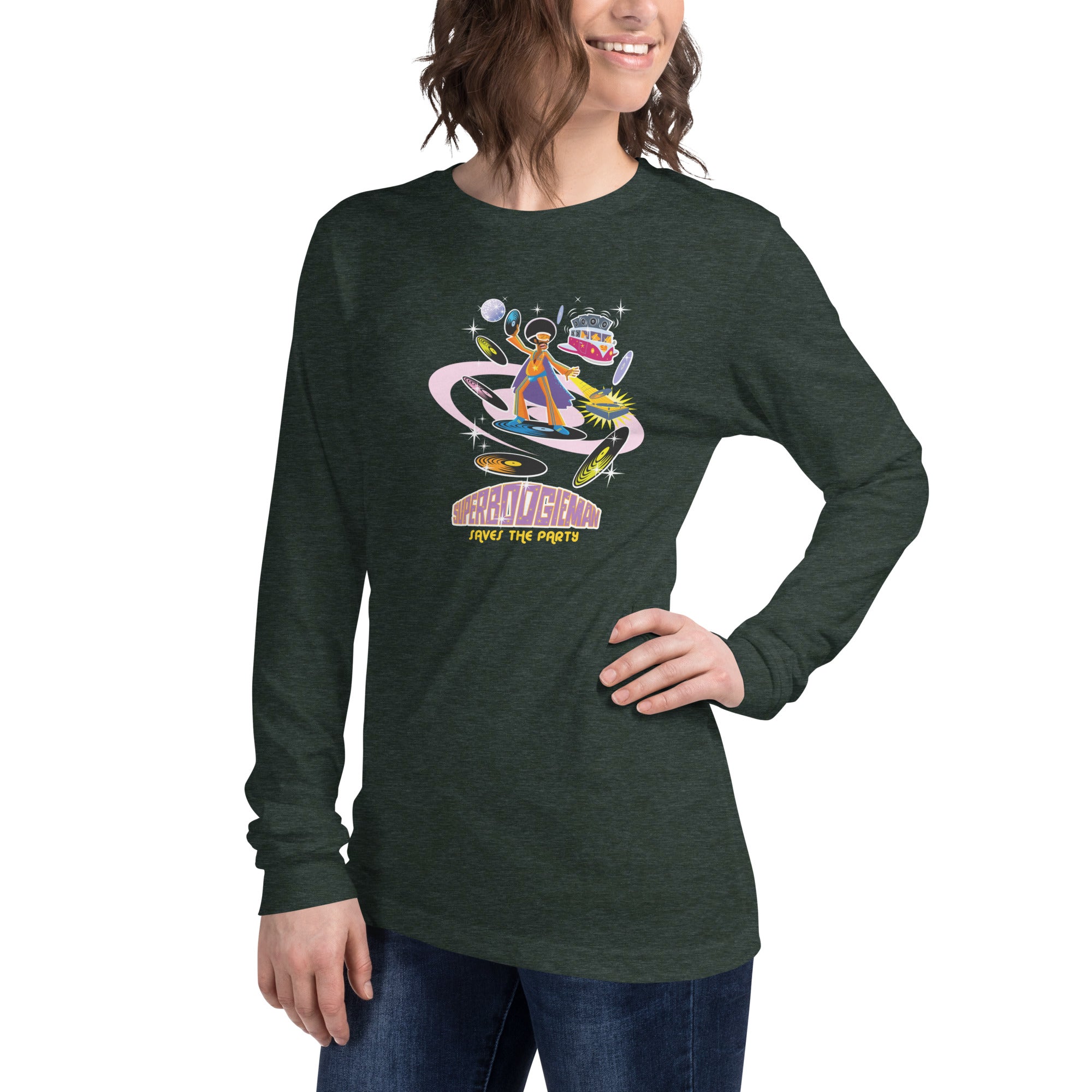 Unisex Long Sleeve Tee Superboogieman Saves the Party (front & back) on heather colors