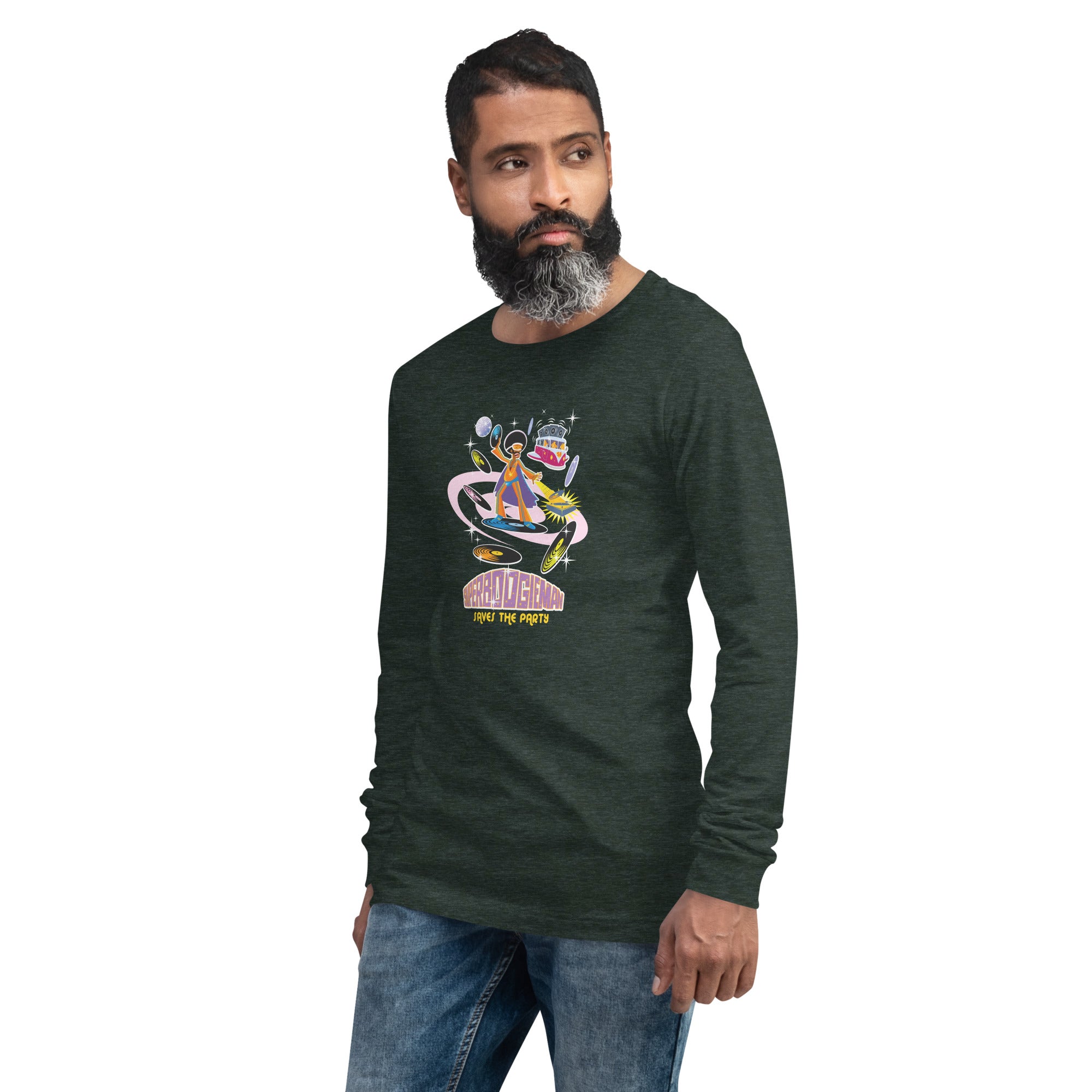 Unisex Long Sleeve Tee Superboogieman Saves the Party (front & back) on heather colors