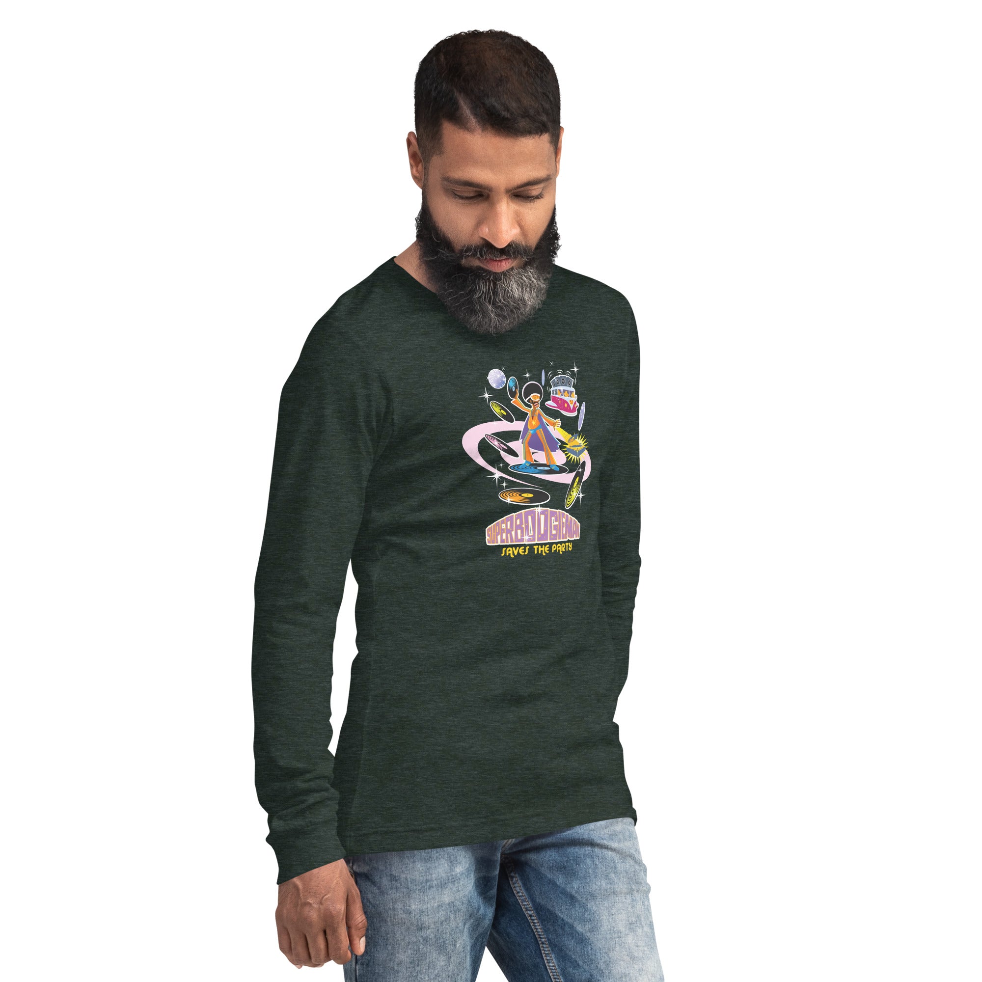 Unisex Long Sleeve Tee Superboogieman Saves the Party (front & back) on heather colors