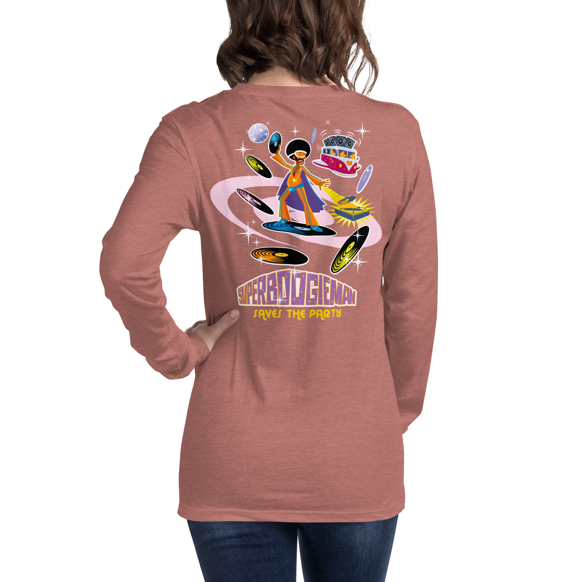 Unisex Long Sleeve Tee Superboogieman Saves the Party (front & back) on heather colors