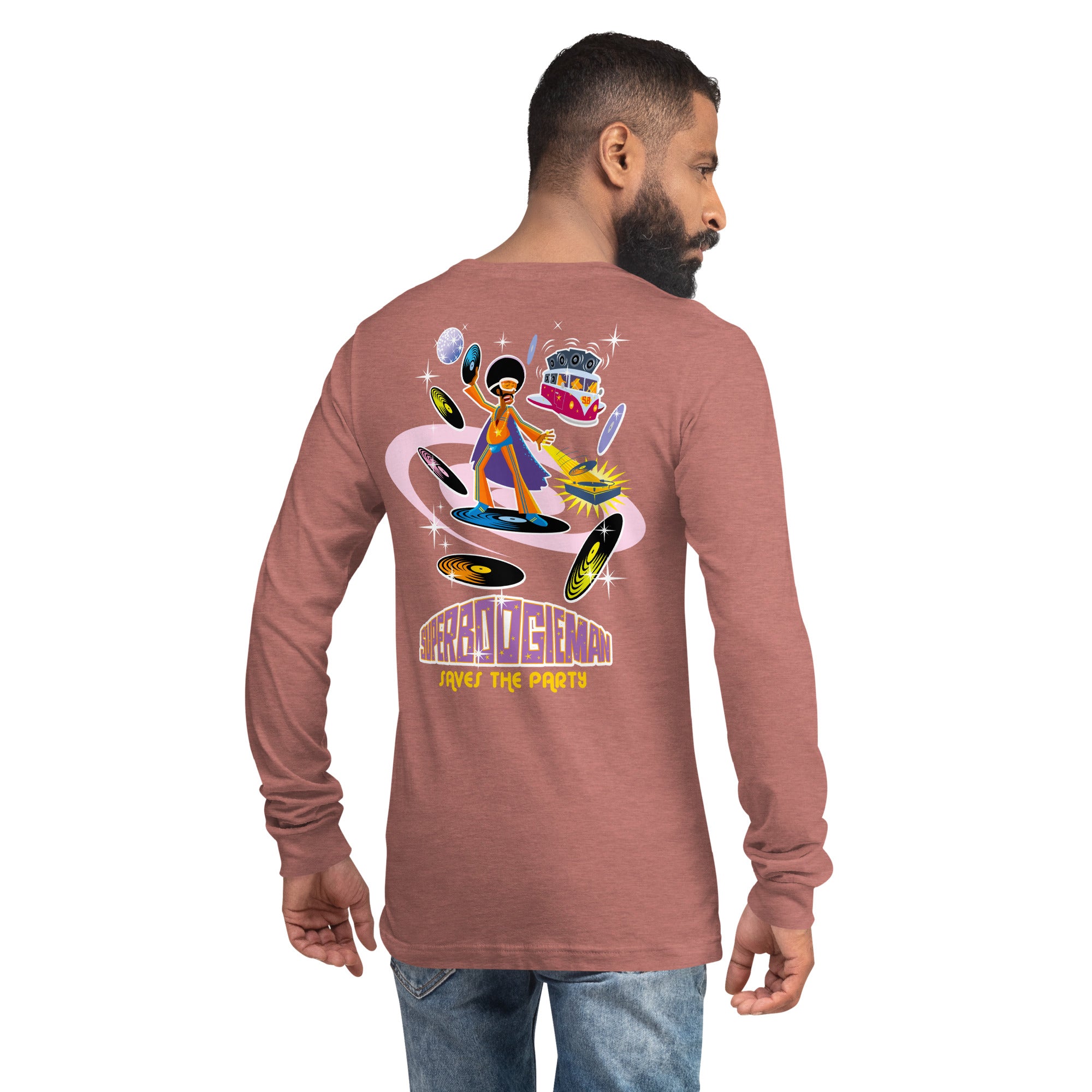 Unisex Long Sleeve Tee Superboogieman Saves the Party (front & back) on heather colors
