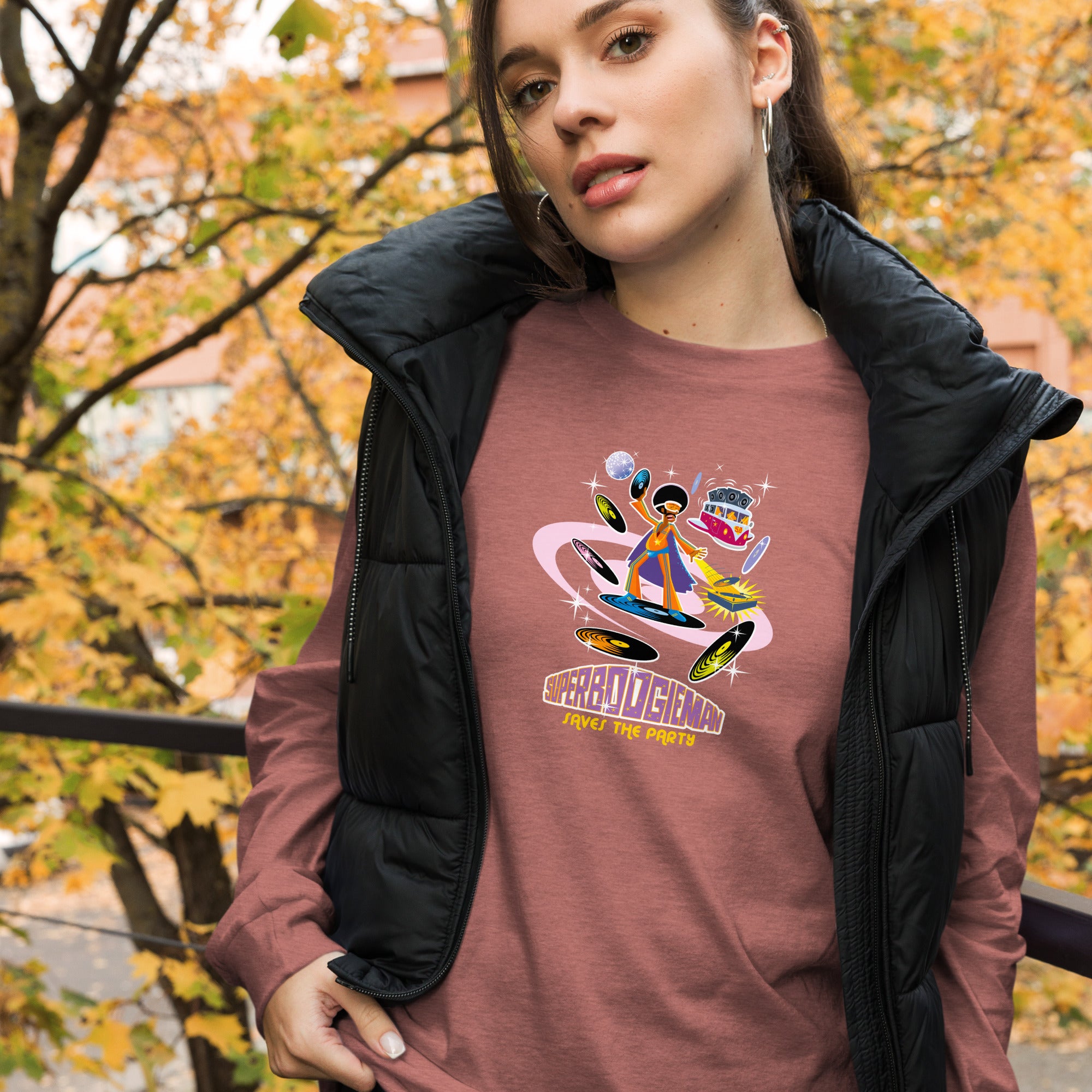 Unisex Long Sleeve Tee Superboogieman Saves the Party (front & back) on heather colors