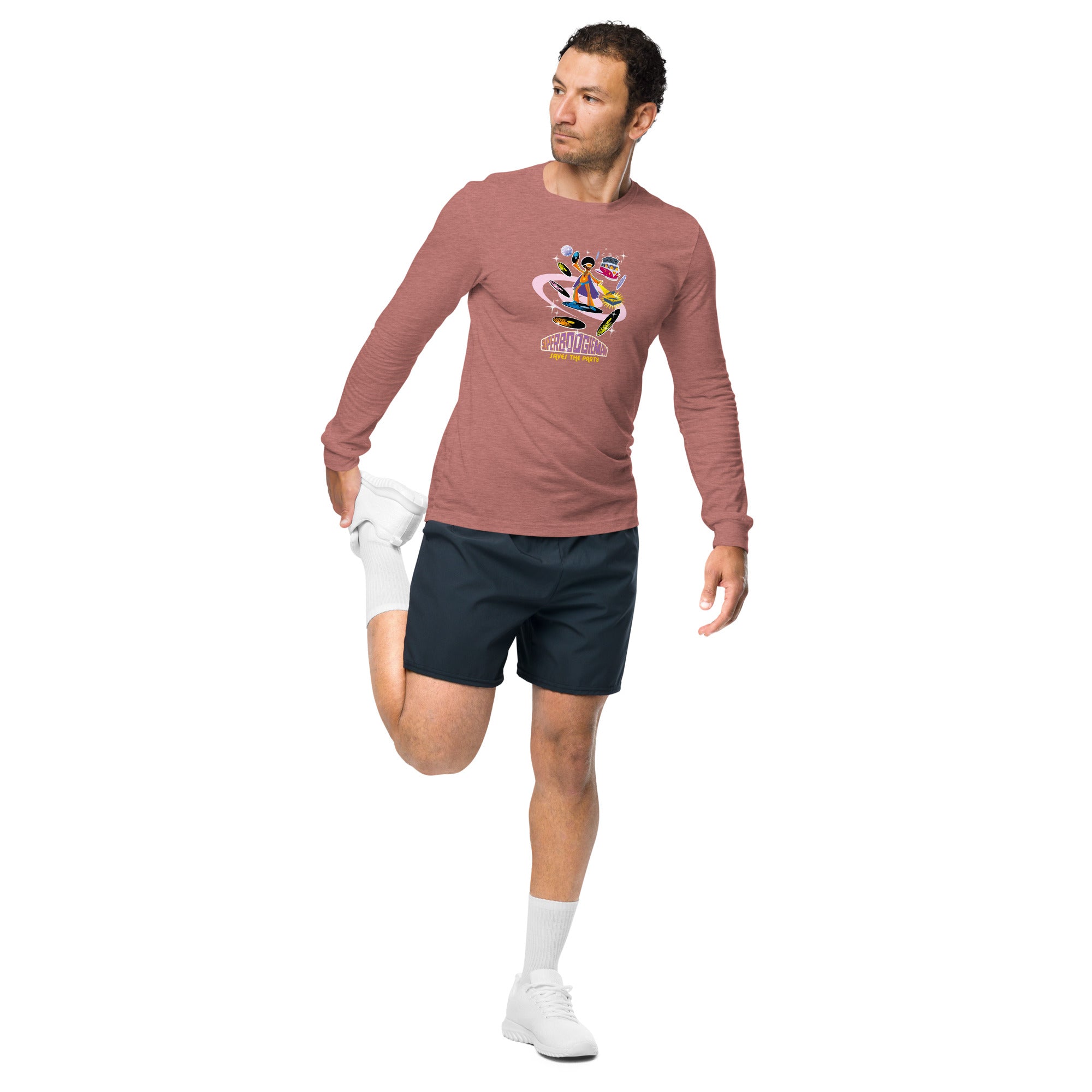 Unisex Long Sleeve Tee Superboogieman Saves the Party (front & back) on heather colors