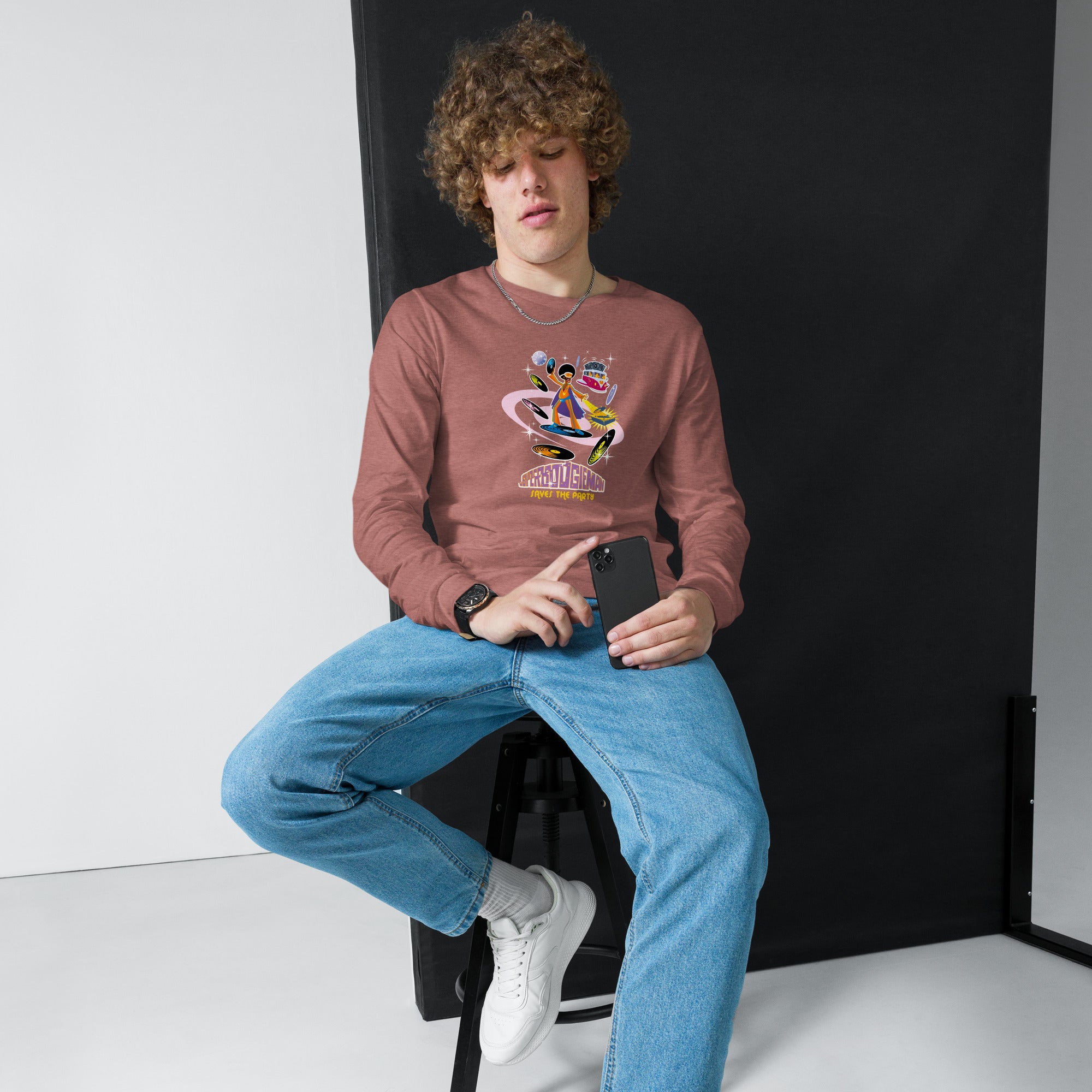 Unisex Long Sleeve Tee Superboogieman Saves the Party (front & back) on heather colors