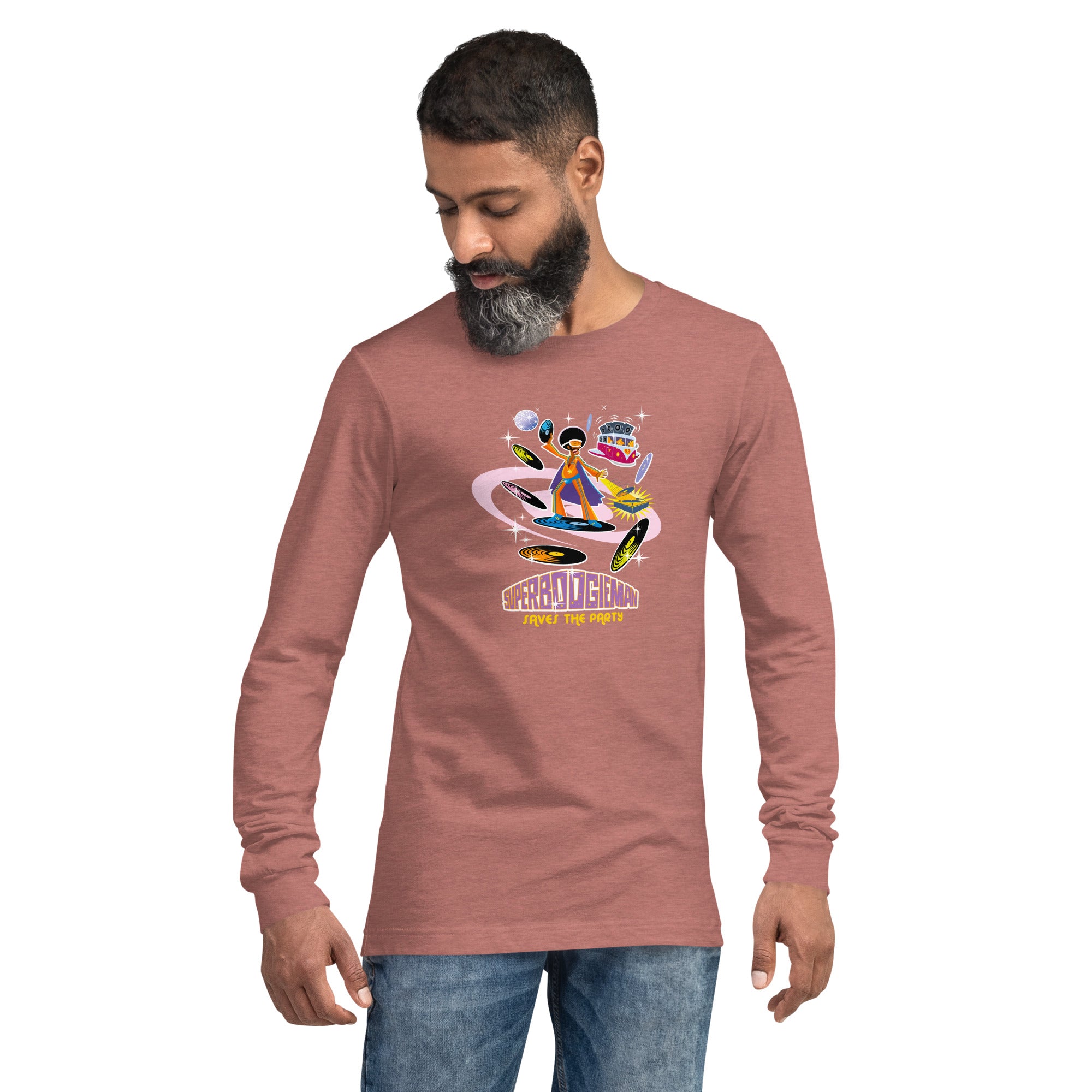 Unisex Long Sleeve Tee Superboogieman Saves the Party (front & back) on heather colors