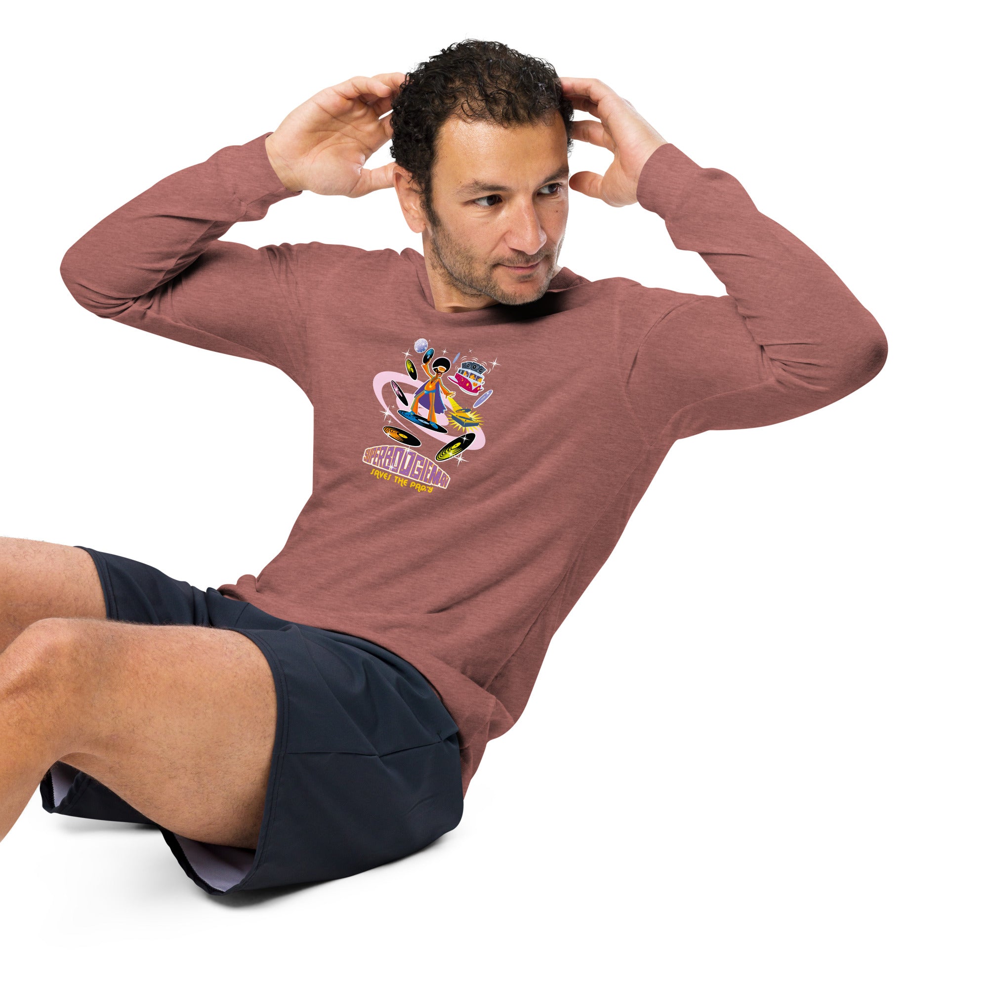 Unisex Long Sleeve Tee Superboogieman Saves the Party (front & back) on heather colors