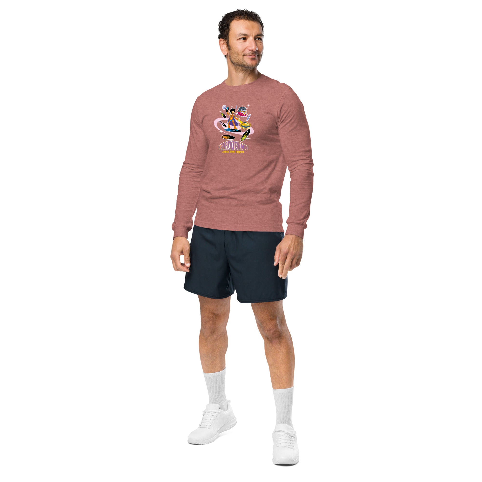 Unisex Long Sleeve Tee Superboogieman Saves the Party (front & back) on heather colors