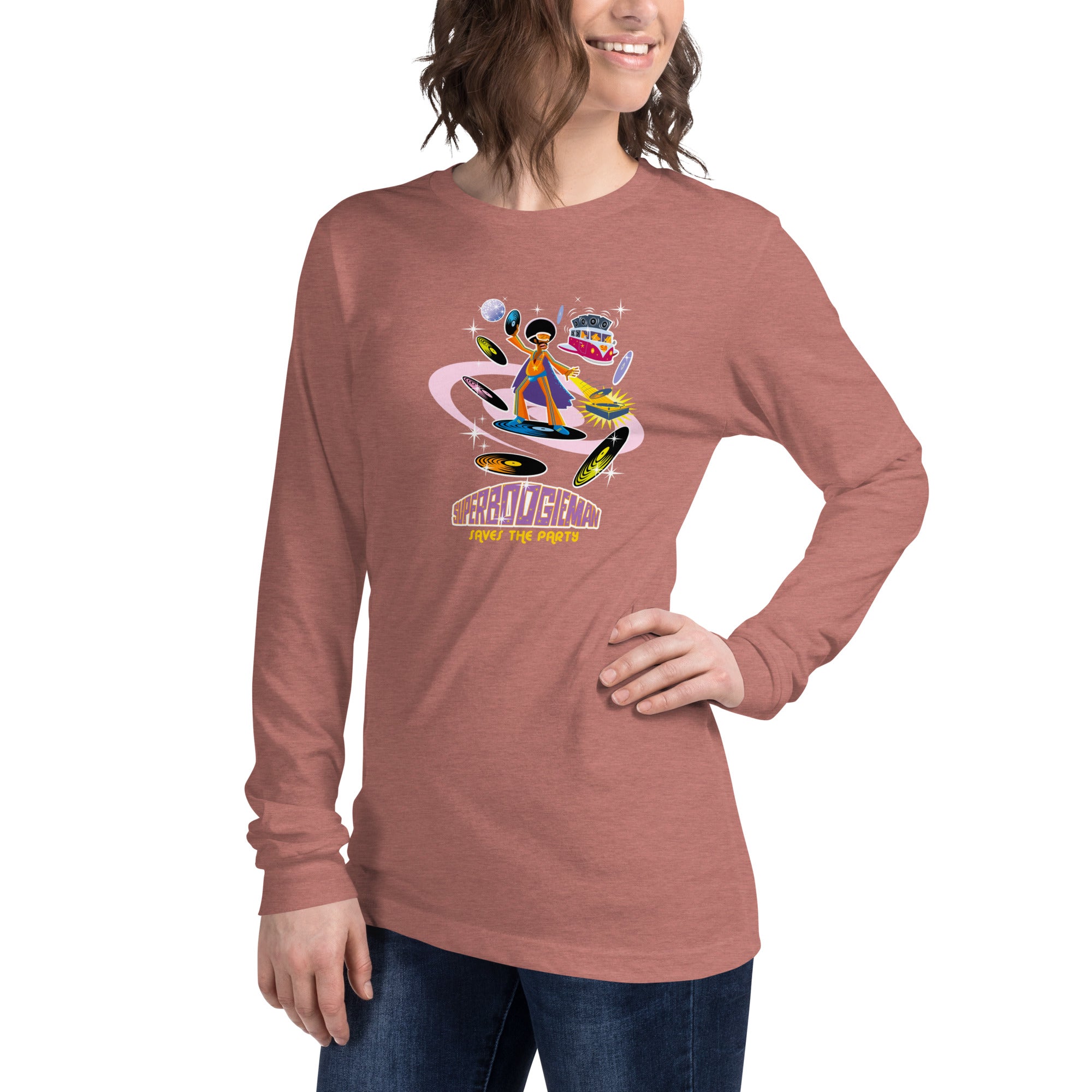 Unisex Long Sleeve Tee Superboogieman Saves the Party (front & back) on heather colors