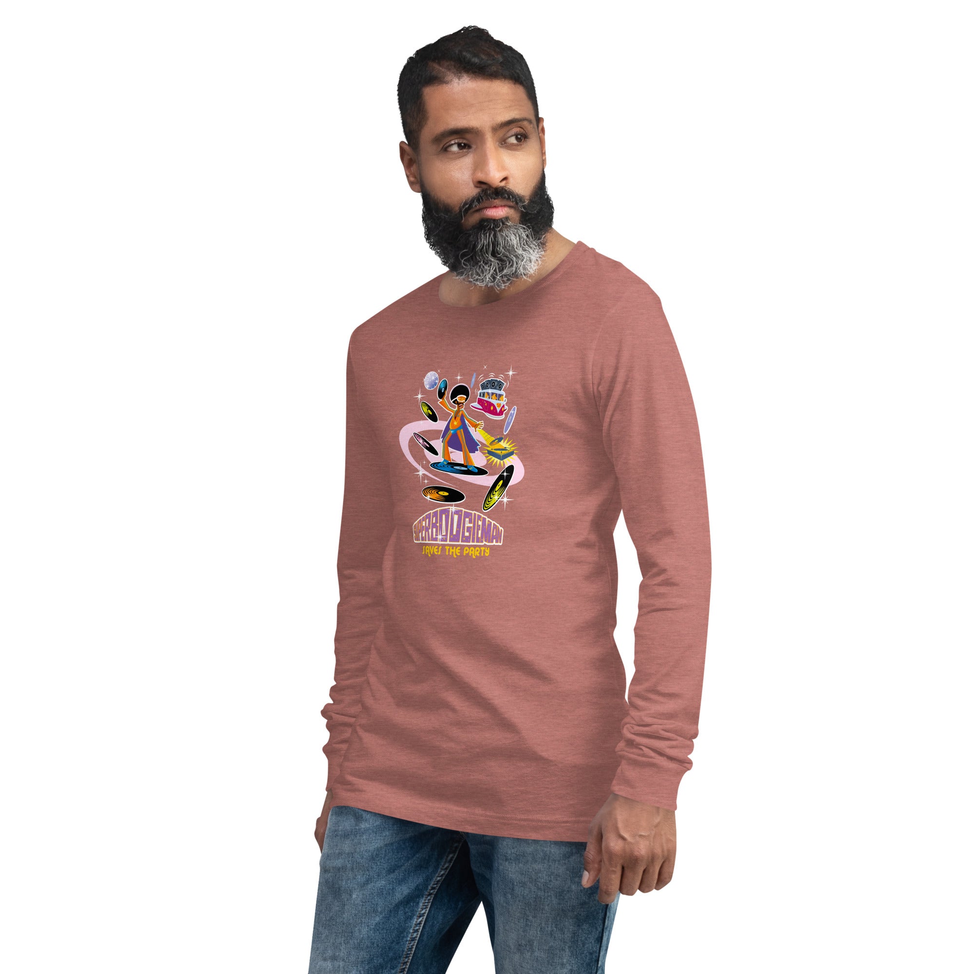Unisex Long Sleeve Tee Superboogieman Saves the Party (front & back) on heather colors