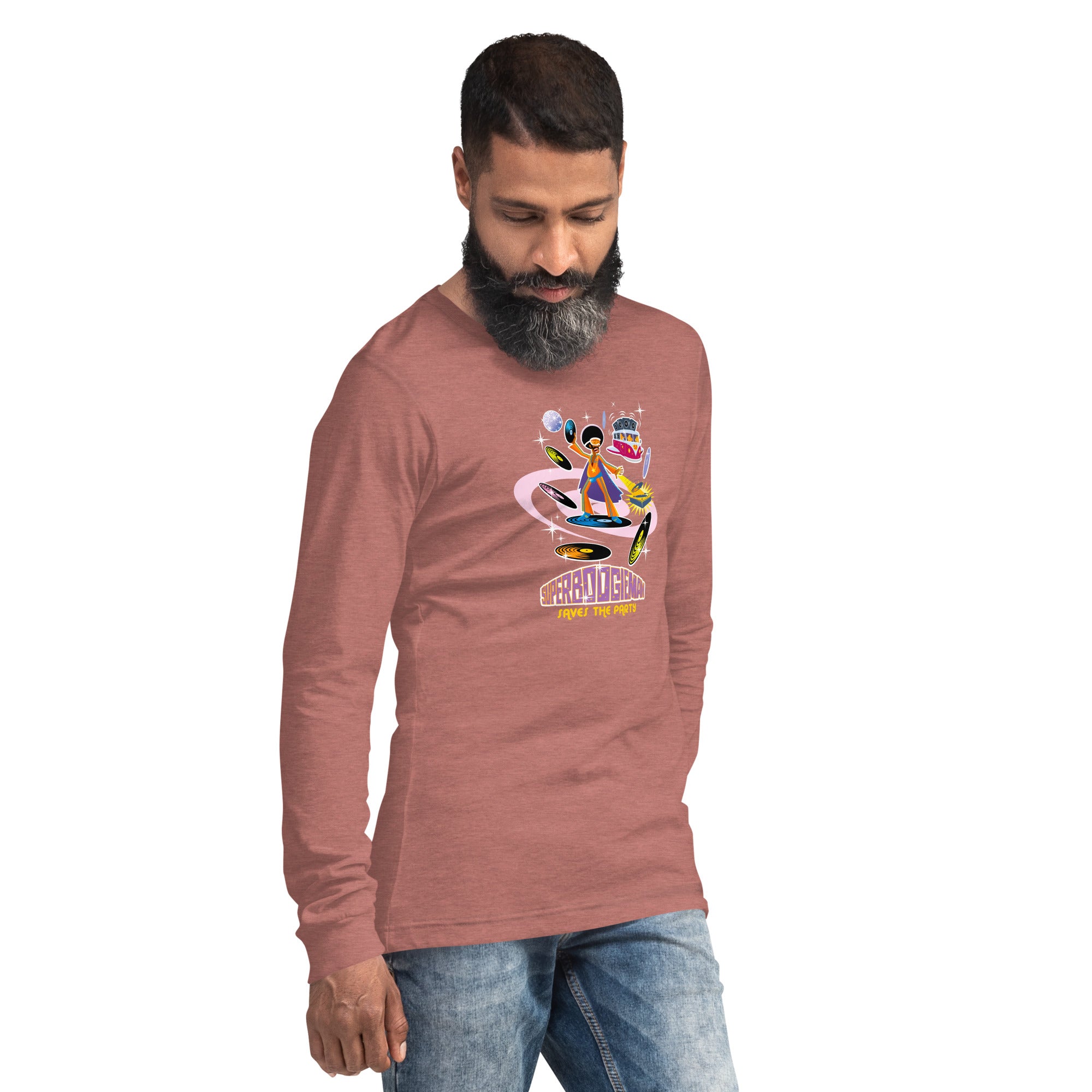 Unisex Long Sleeve Tee Superboogieman Saves the Party (front & back) on heather colors