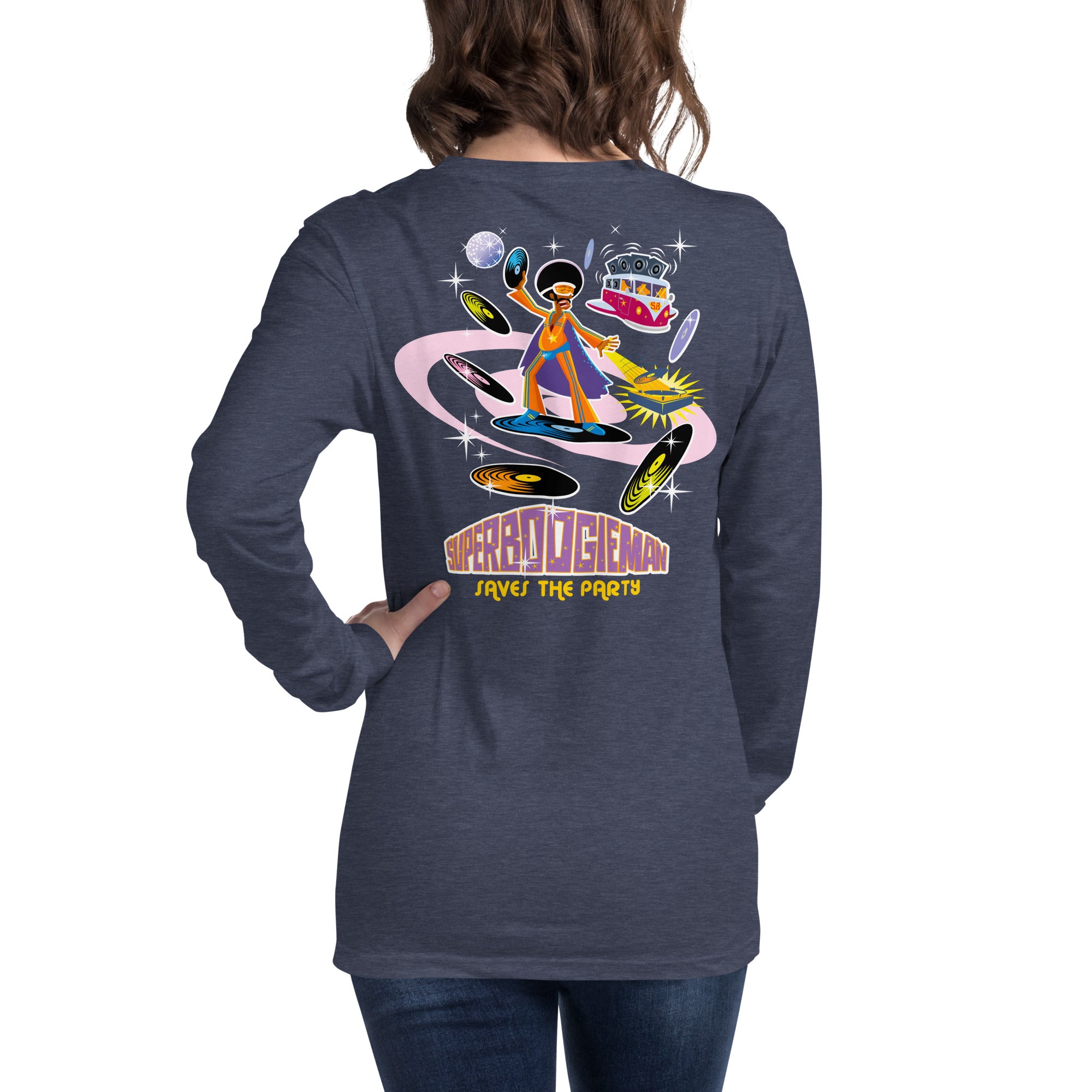 Unisex Long Sleeve Tee Superboogieman Saves the Party (front & back) on heather colors