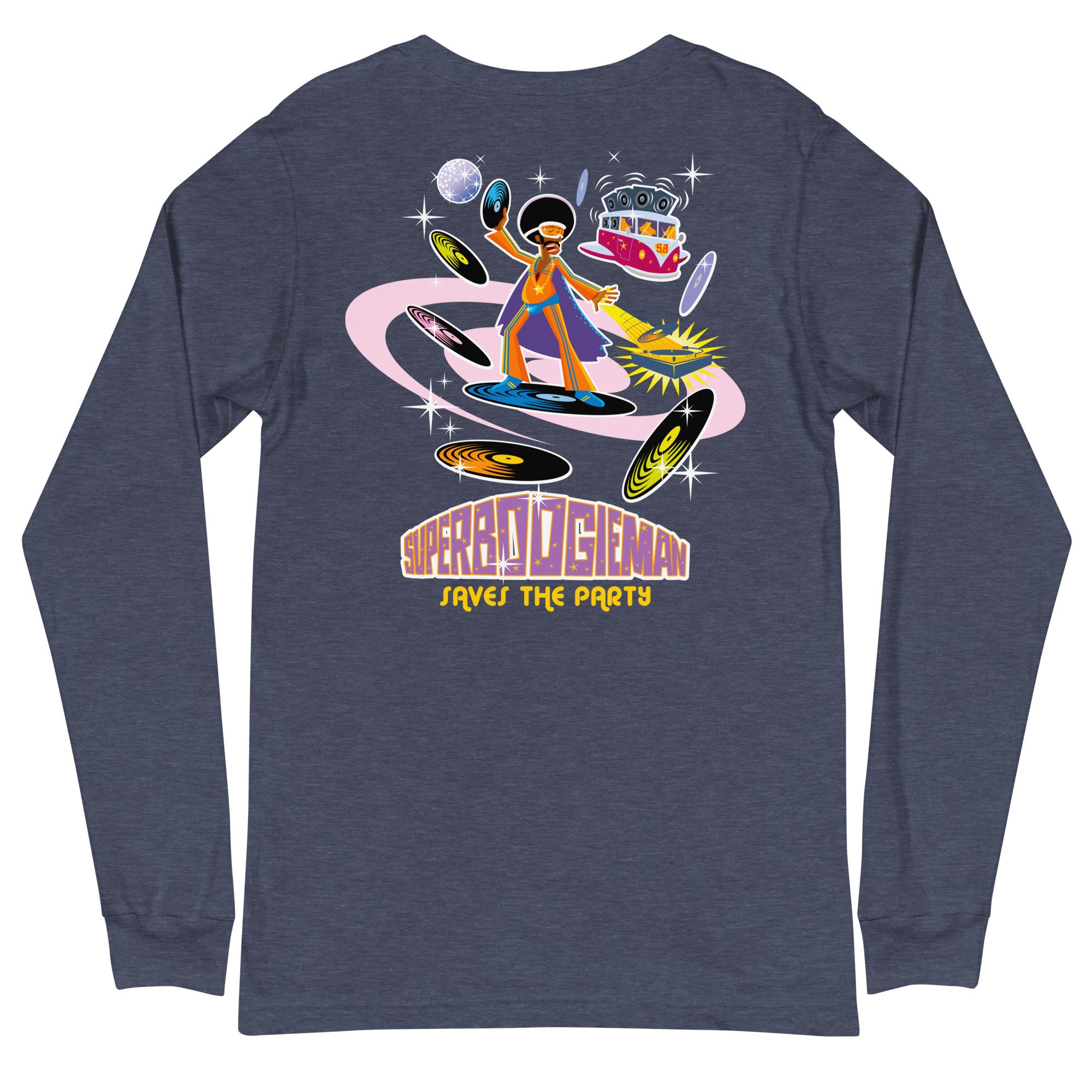Unisex Long Sleeve Tee Superboogieman Saves the Party (front & back) on heather colors