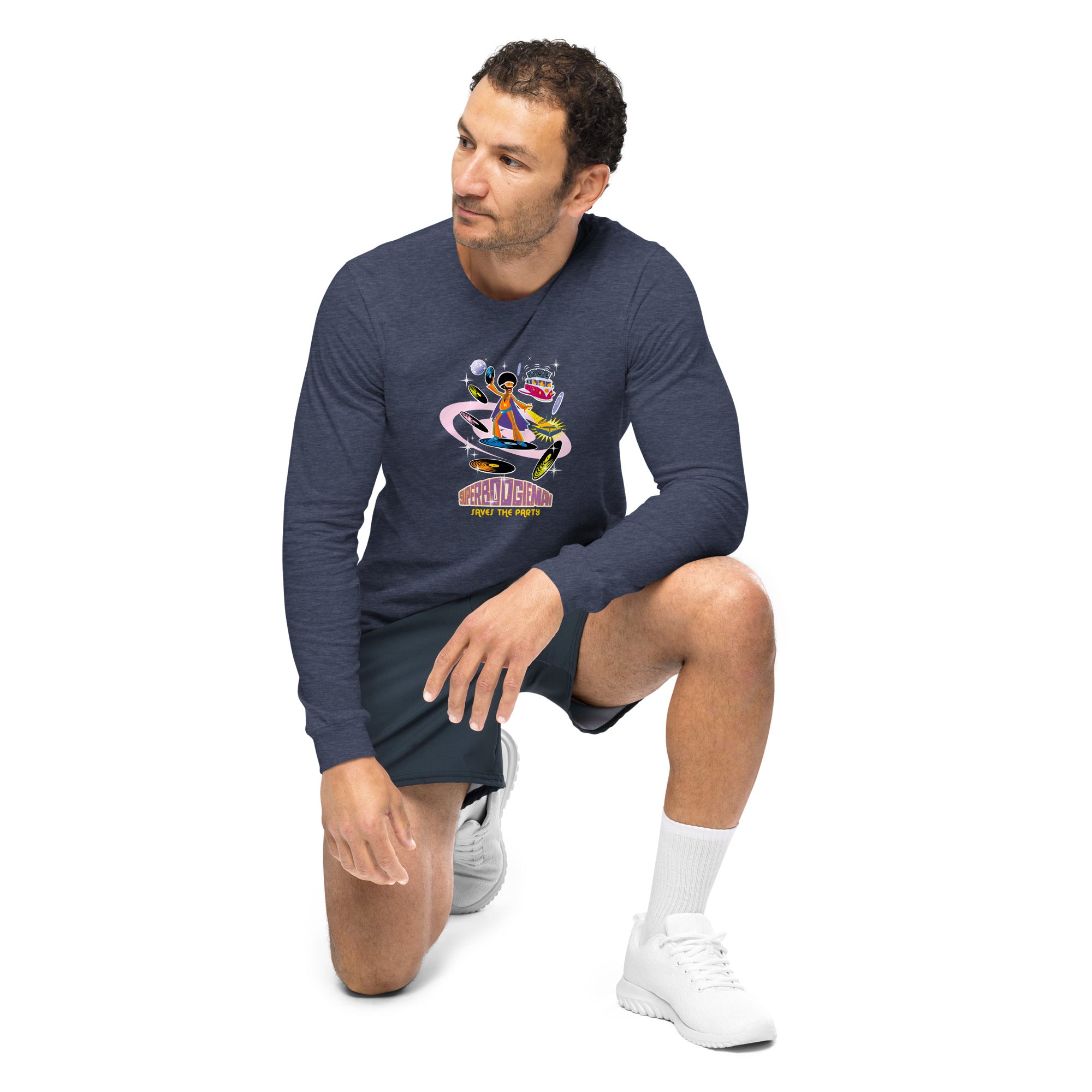 Unisex Long Sleeve Tee Superboogieman Saves the Party (front & back) on heather colors