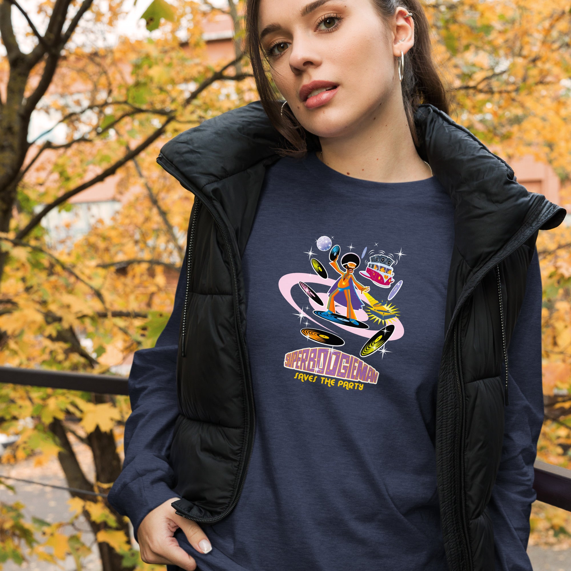 Unisex Long Sleeve Tee Superboogieman Saves the Party (front & back) on heather colors