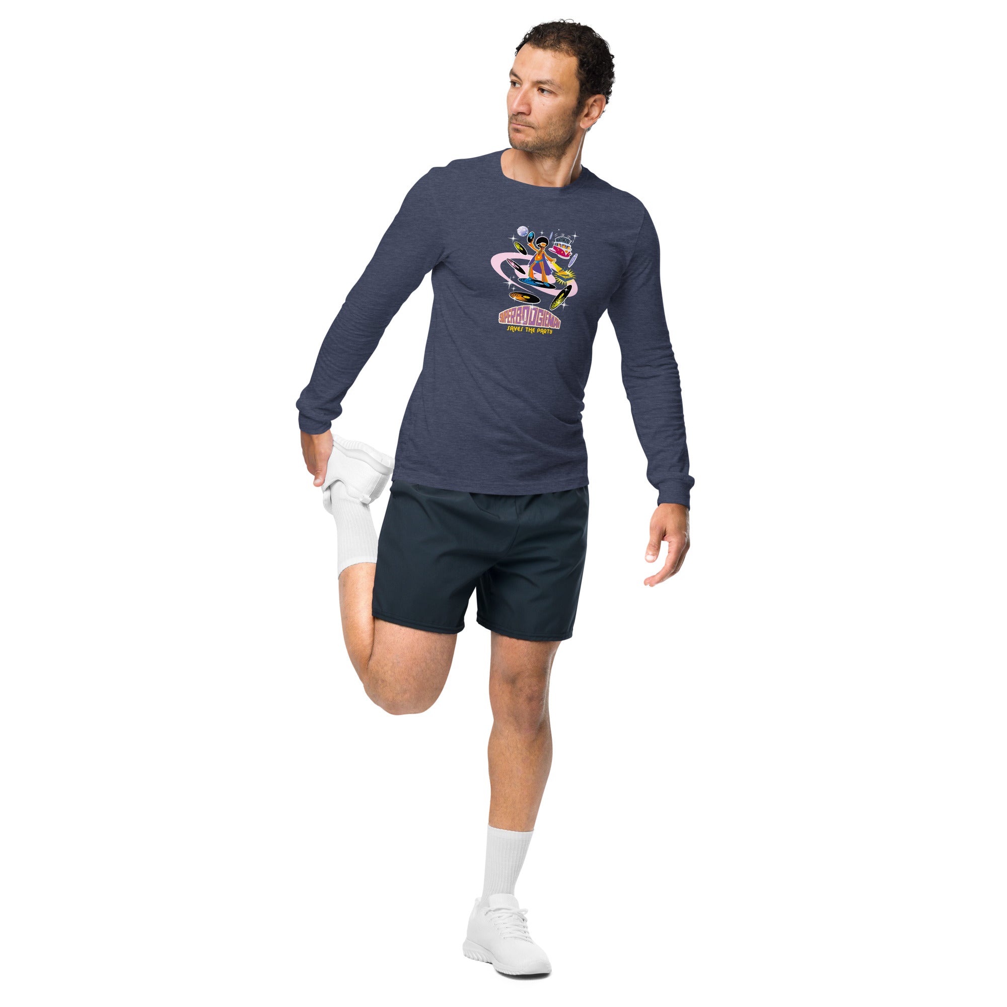 Unisex Long Sleeve Tee Superboogieman Saves the Party (front & back) on heather colors