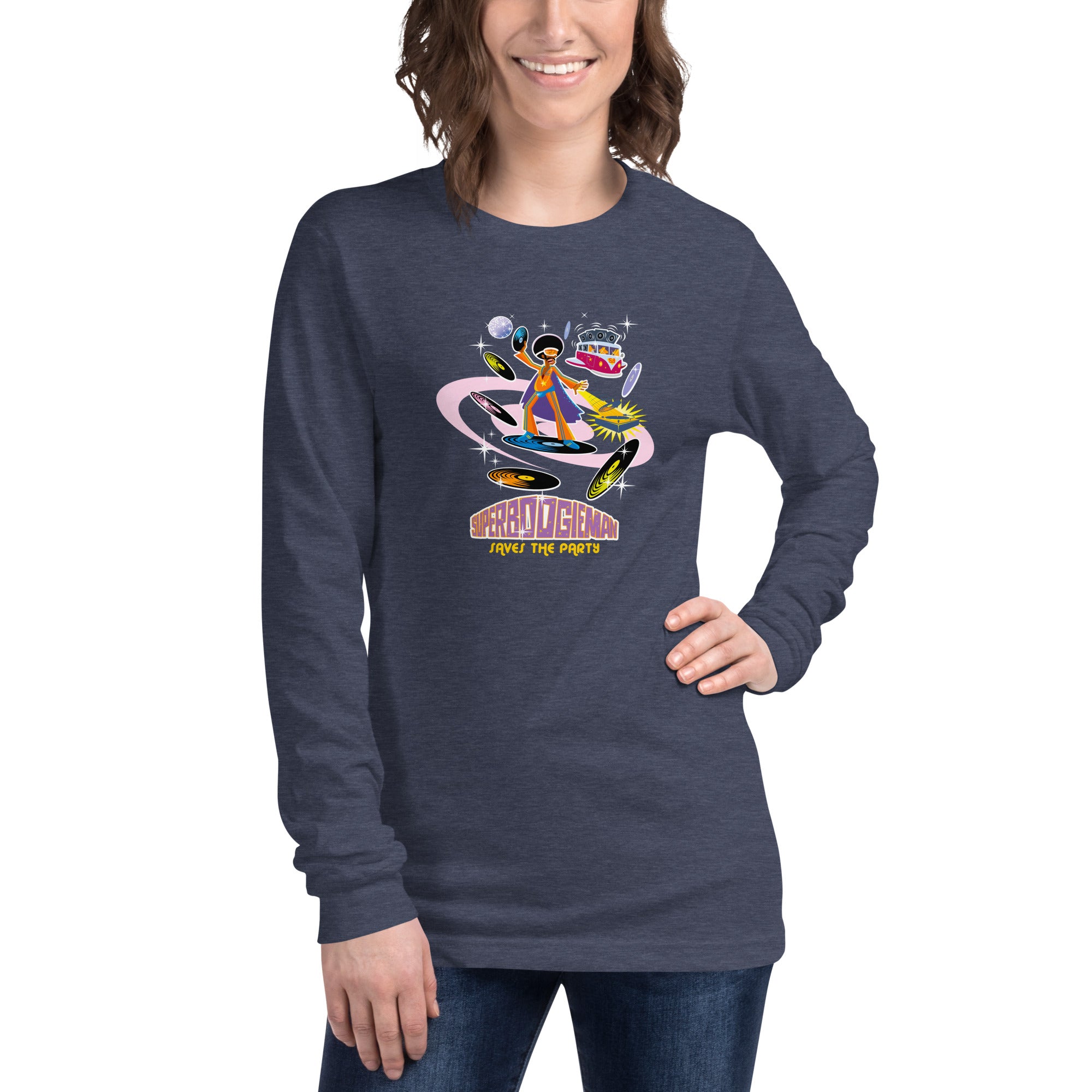 Unisex Long Sleeve Tee Superboogieman Saves the Party (front & back) on heather colors