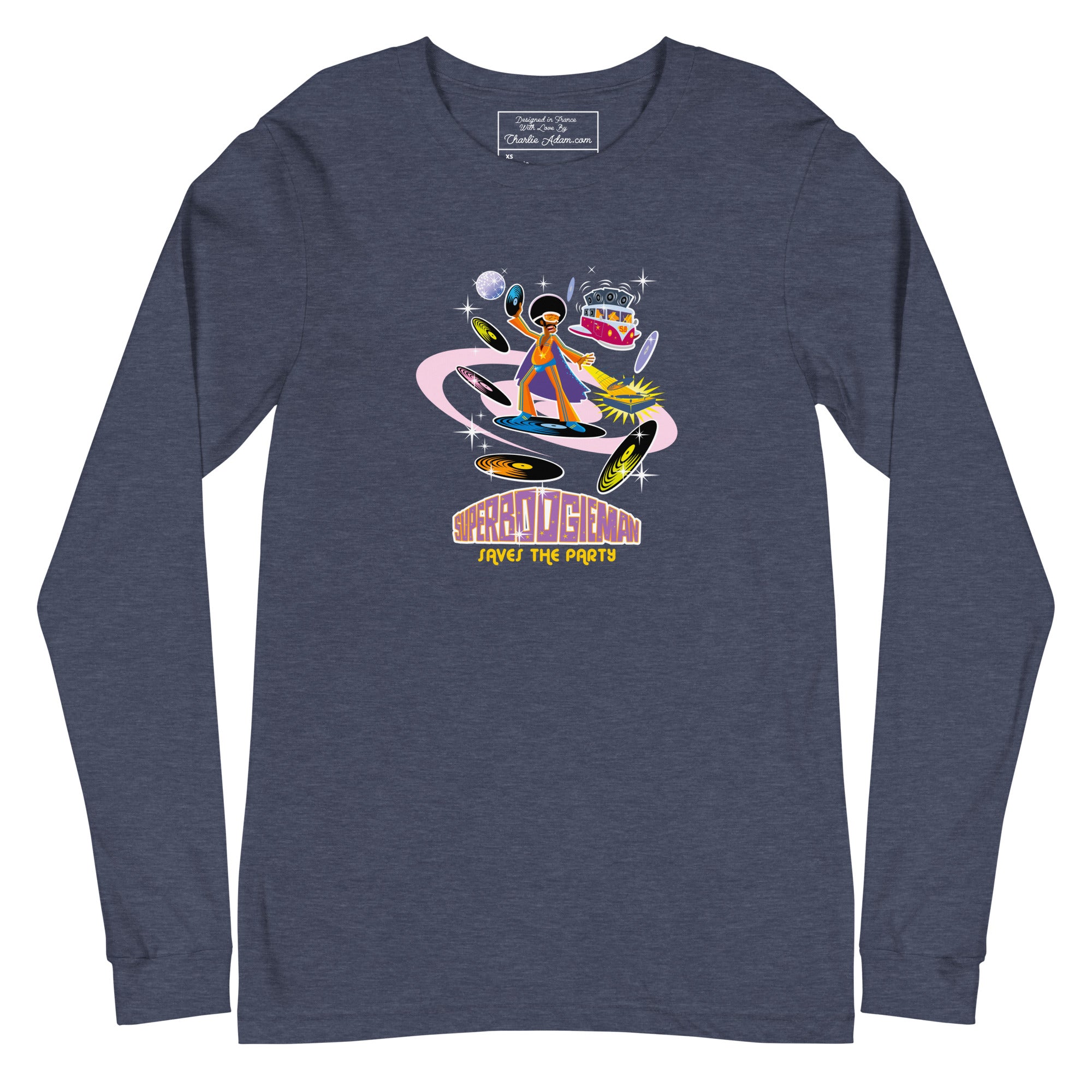 Unisex Long Sleeve Tee Superboogieman Saves the Party (front & back) on heather colors