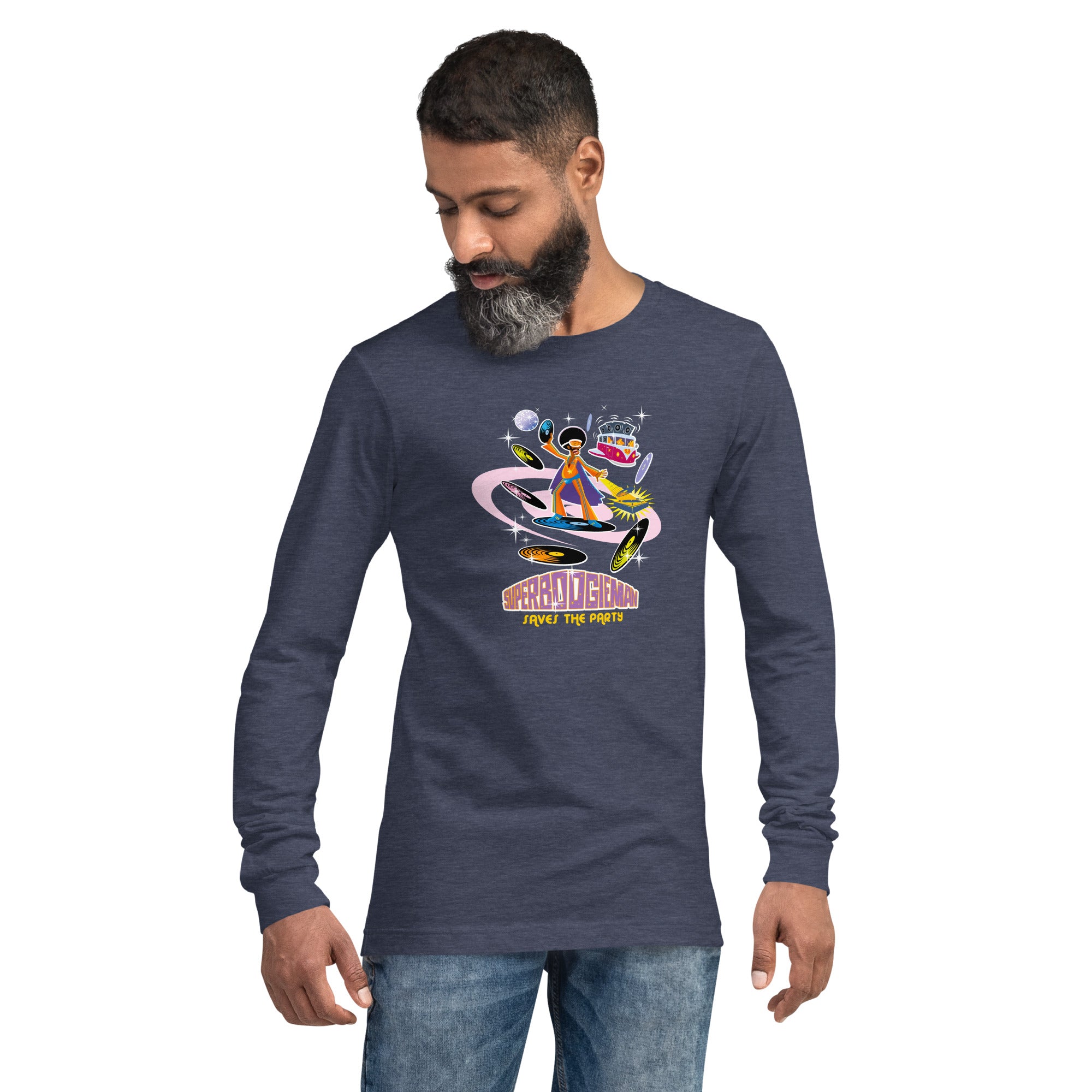 Unisex Long Sleeve Tee Superboogieman Saves the Party (front & back) on heather colors