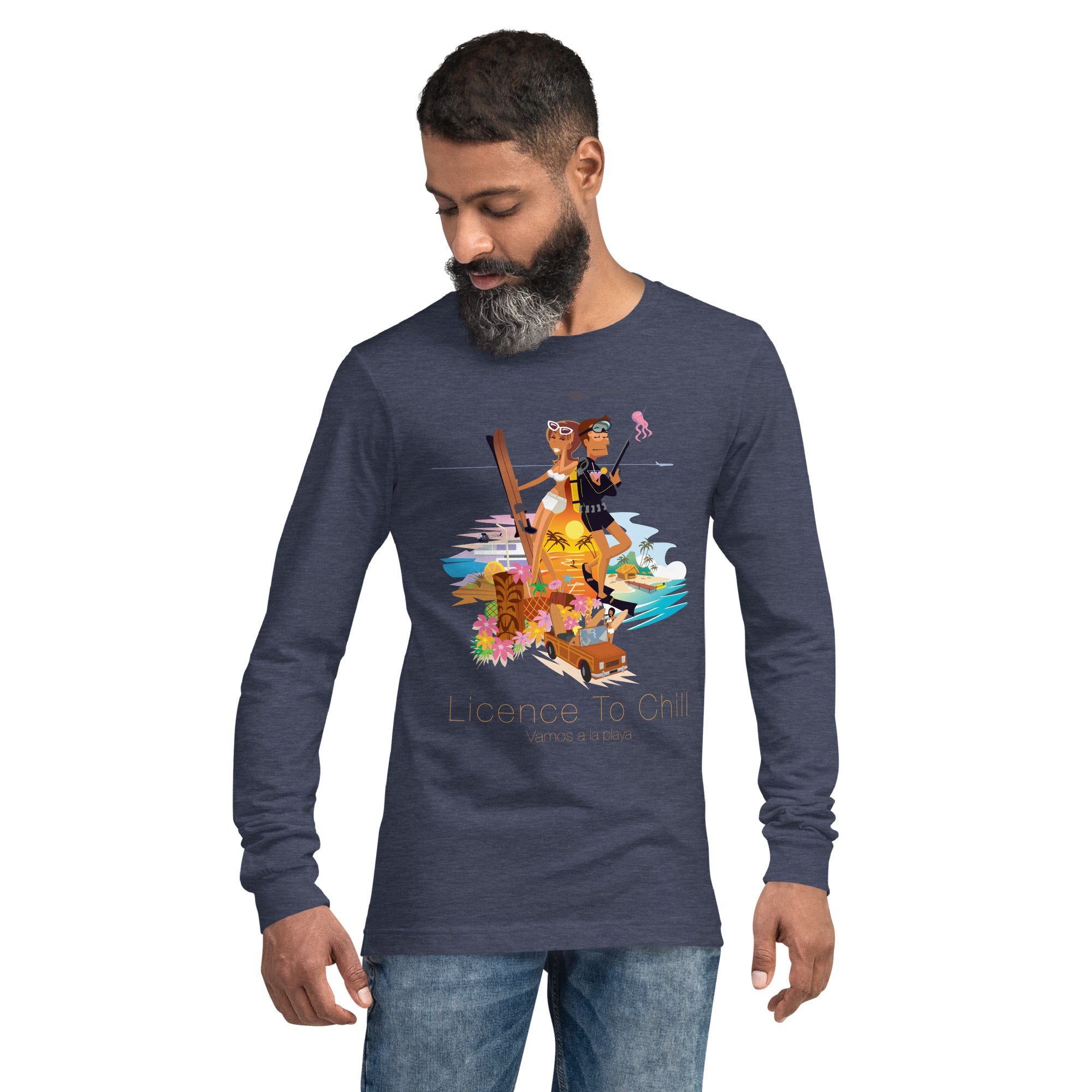 Unisex Long Sleeve Tee License to Chill Vamos a la Playa on heather colors