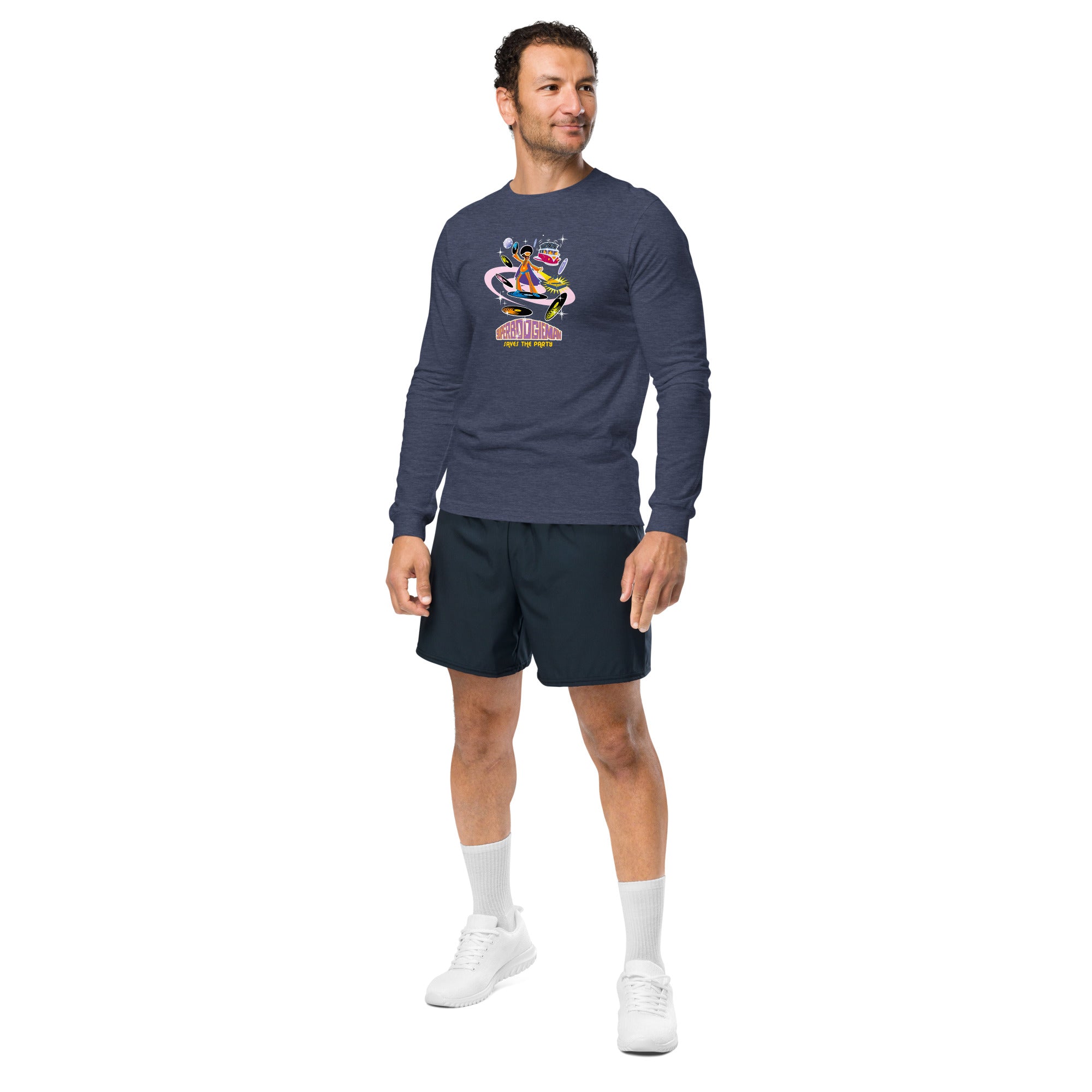 Unisex Long Sleeve Tee Superboogieman Saves the Party (front & back) on heather colors