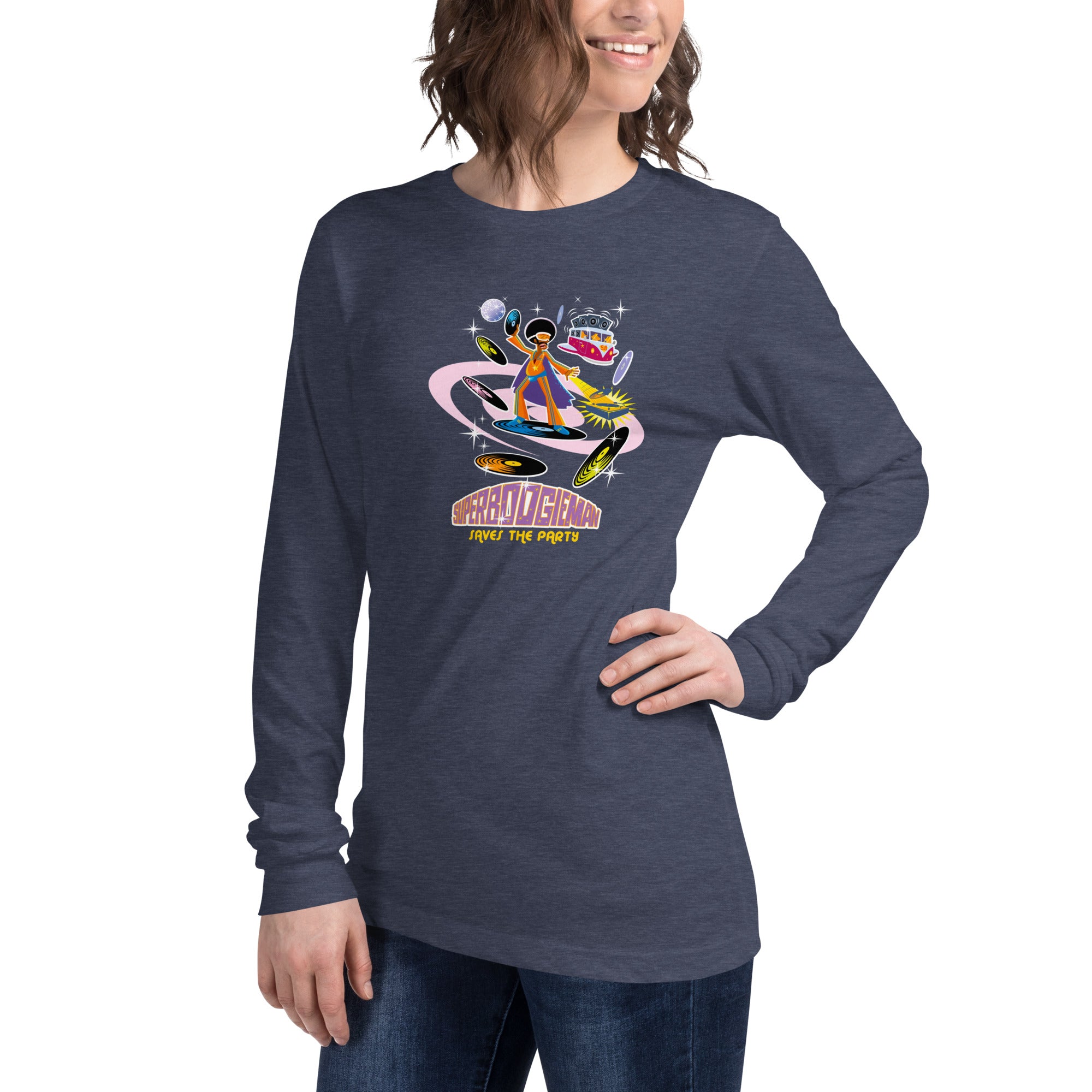 Unisex Long Sleeve Tee Superboogieman Saves the Party (front & back) on heather colors