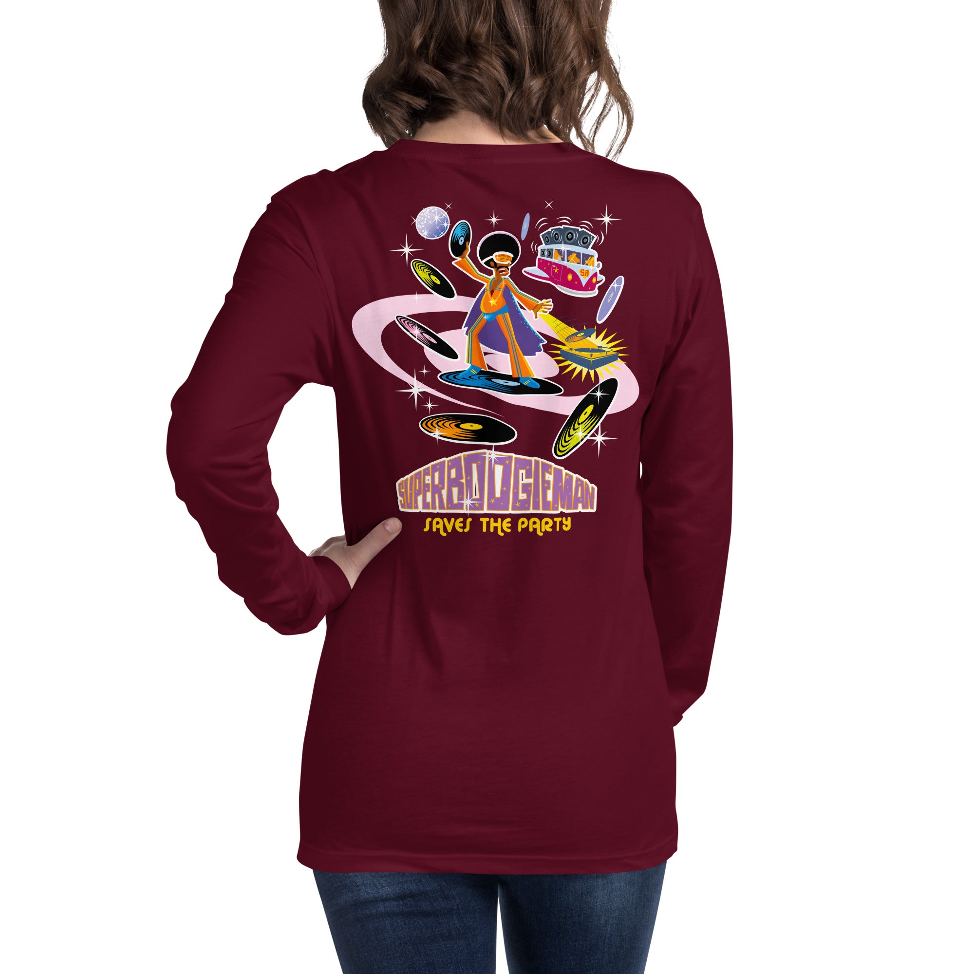 Unisex Long Sleeve Tee Superboogieman Saves the Party (front & back)