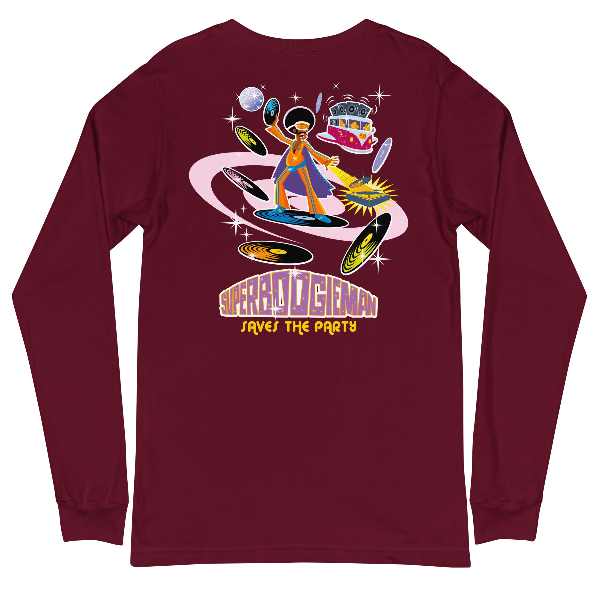 Unisex Long Sleeve Tee Superboogieman Saves the Party (front & back)