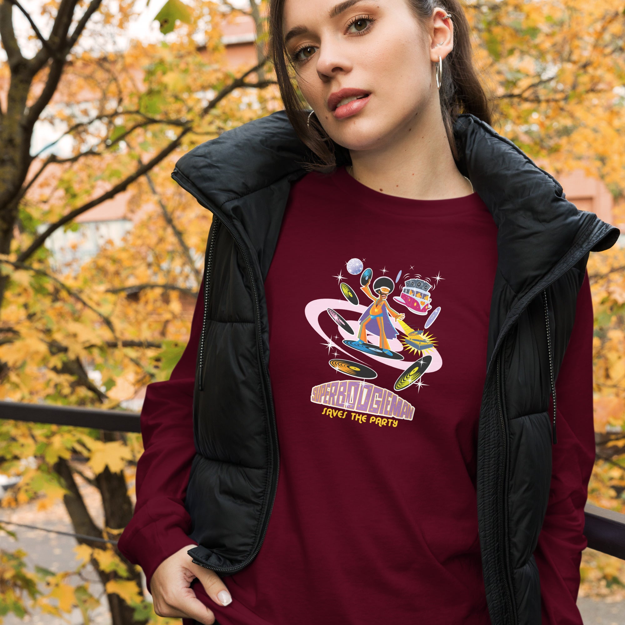 Unisex Long Sleeve Tee Superboogieman Saves the Party (front & back)