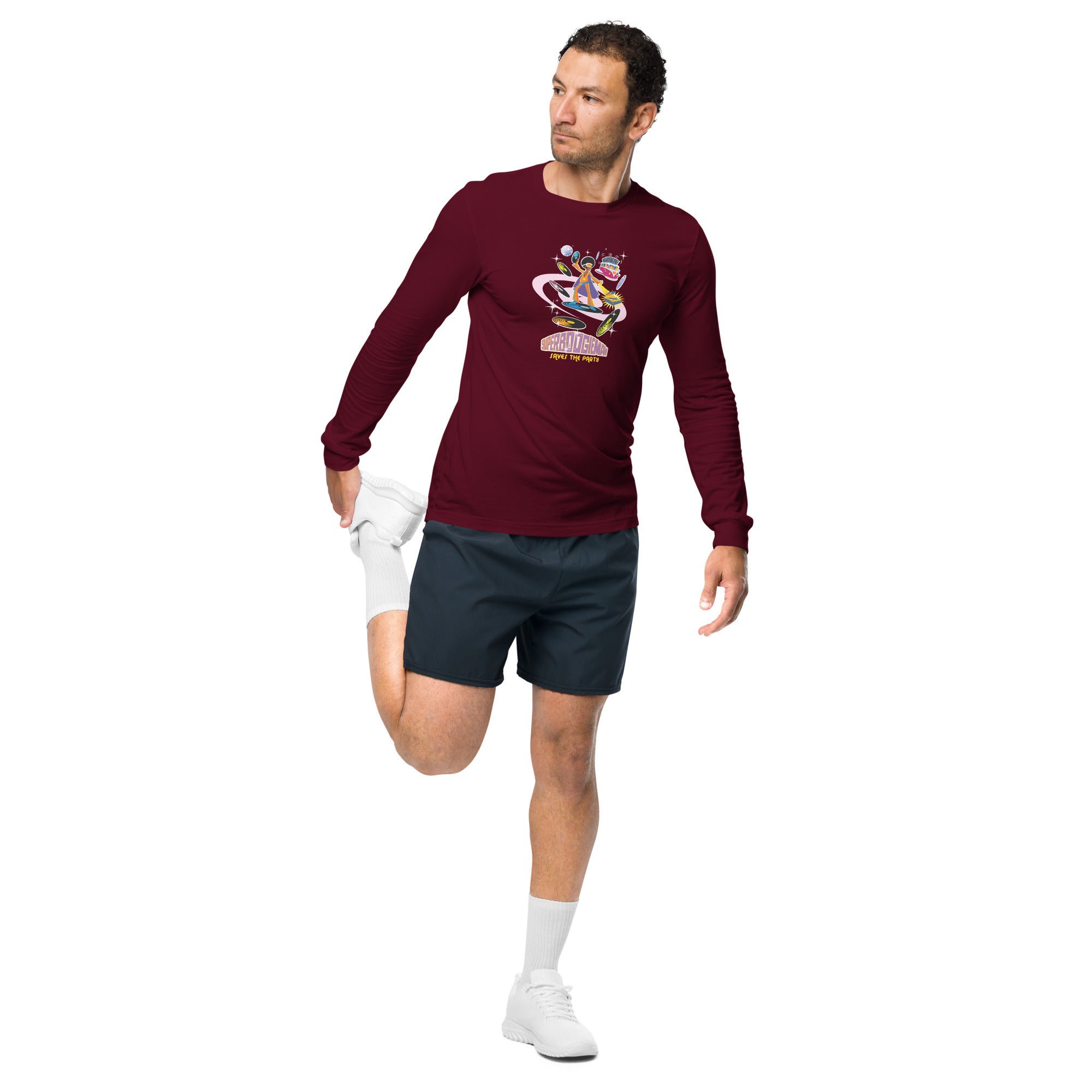 Unisex Long Sleeve Tee Superboogieman Saves the Party (front & back)