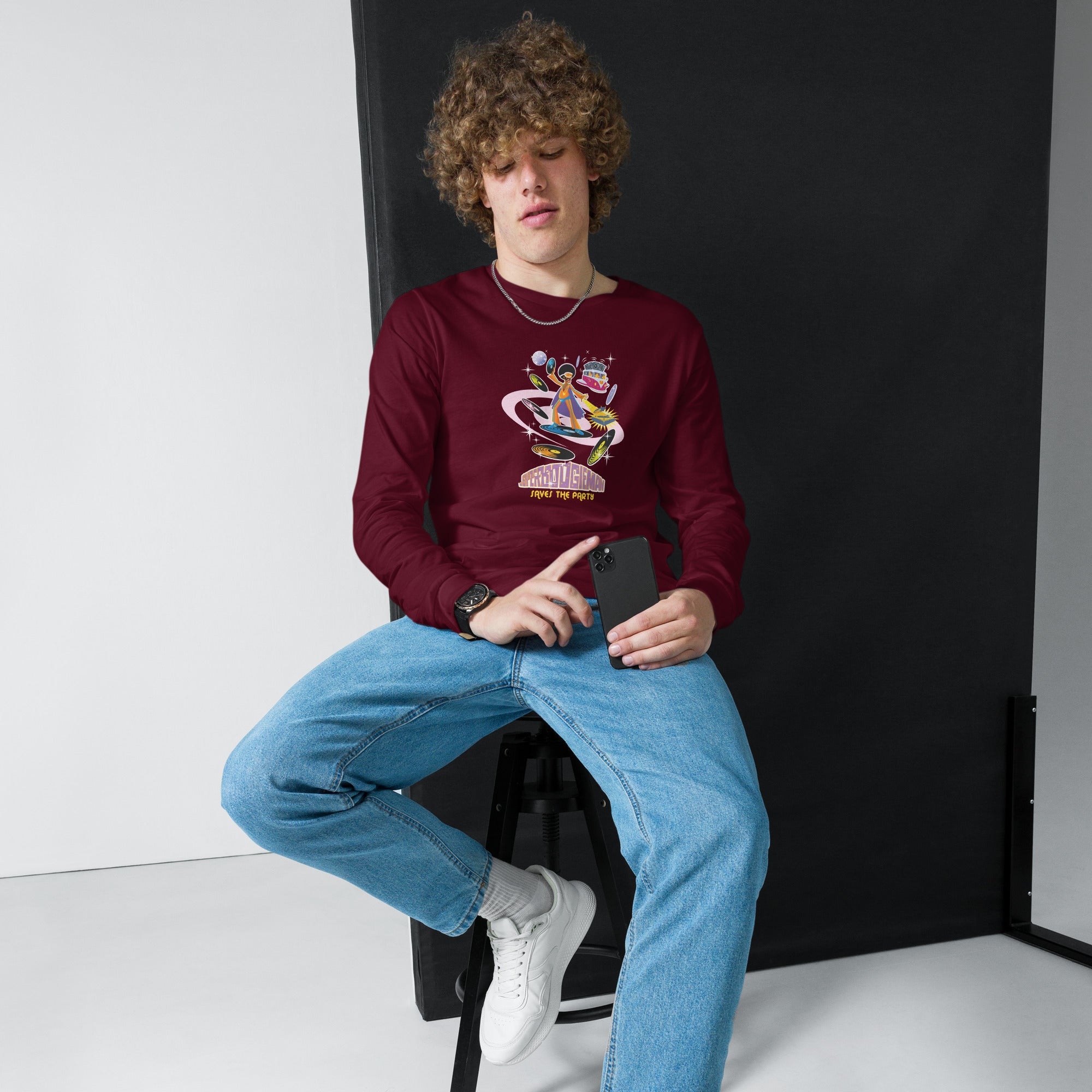 Unisex Long Sleeve Tee Superboogieman Saves the Party (front & back)