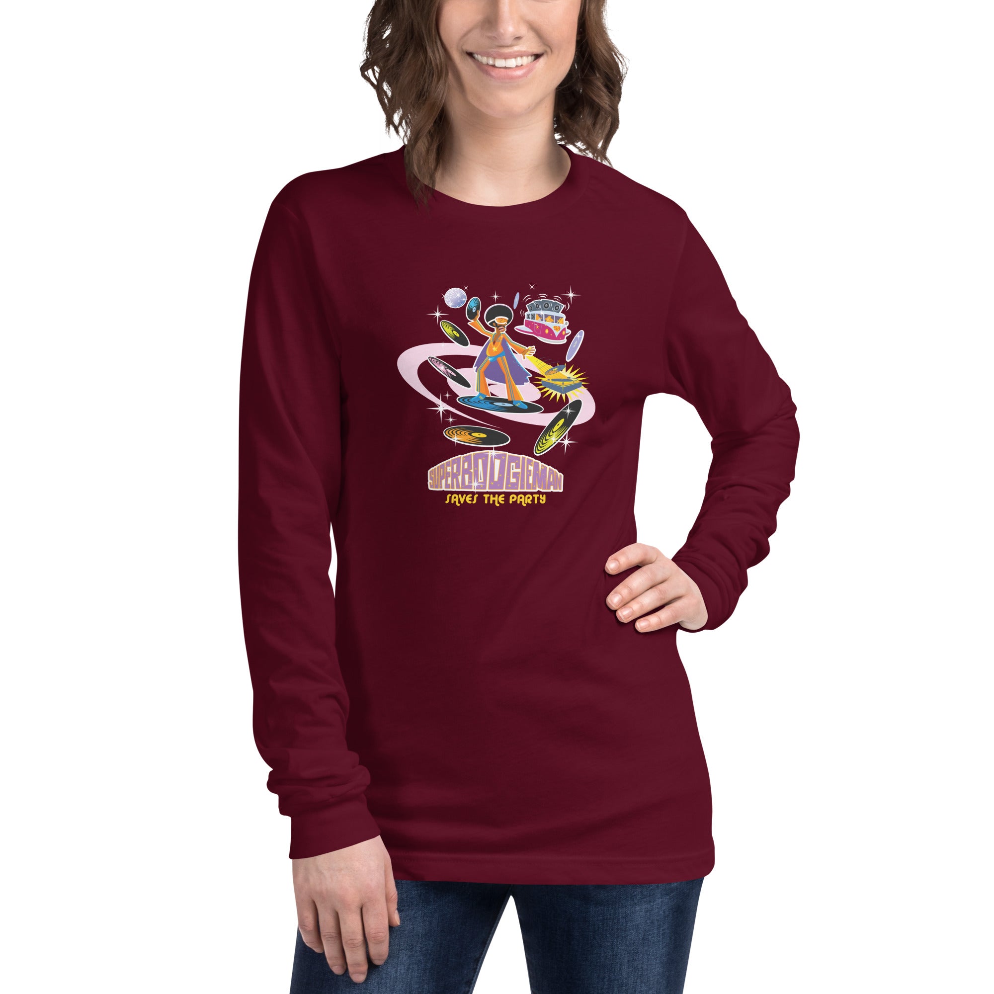 Unisex Long Sleeve Tee Superboogieman Saves the Party (front & back)