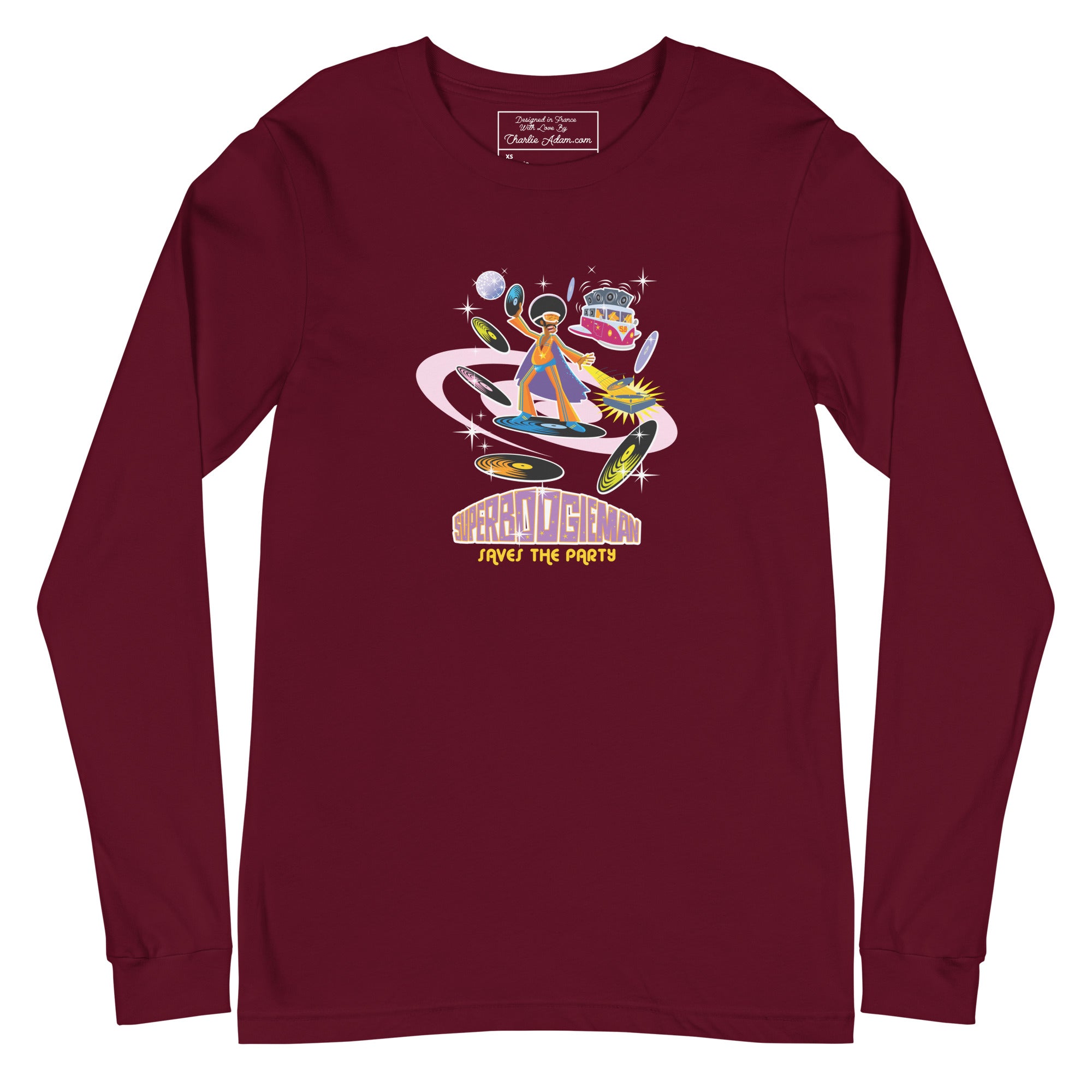 Unisex Long Sleeve Tee Superboogieman Saves the Party (front & back)